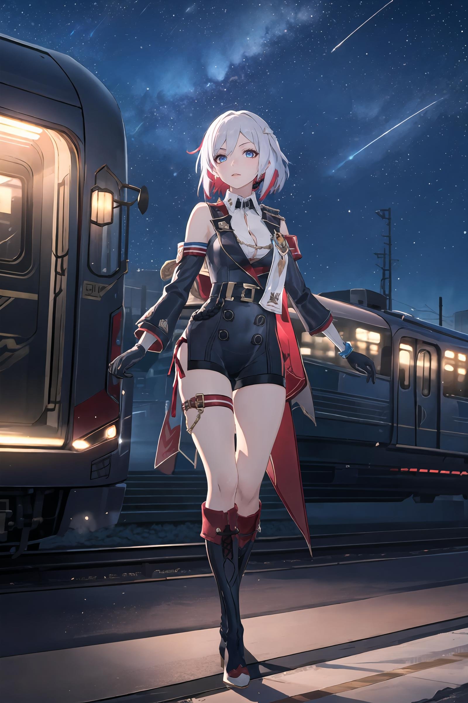 1girl, topaz \(honkai: star rail\), solo, black gloves, thigh strap, knee boots, hair ornament, unitard, detached sleeves, badge, side cape, sleeveless shirt, belt, train station, planet, starry sky, outdoors, depth of field, full body, looking at viewer, walking, masterpiece