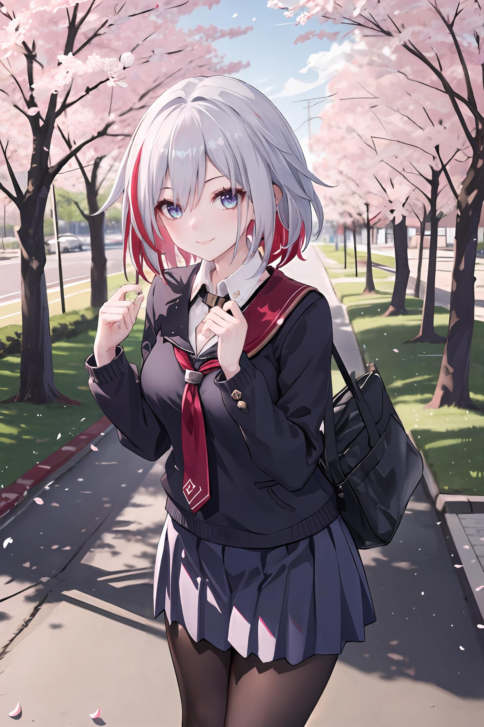 1girl, topaz \(honkai: star rail\), solo, school uniform, white shirt, sweater, pleated skirt, pantyhose, light smile, looking at viewer, outdoors, street, cherry blossoms, petals, depth of field, masterpiece