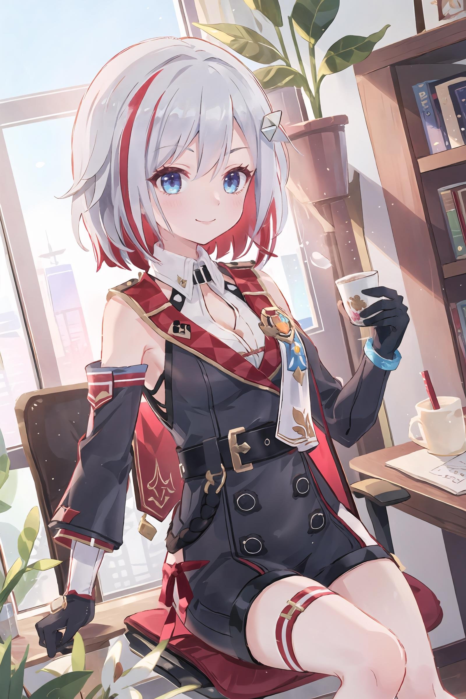 1girl, topaz \(honkai: star rail\), solo, black gloves, thigh strap, hair ornament, unitard, detached sleeves, badge, side cape, belt, light smile, office, indoors, depth of field, cowboy shot, sitting, chair, flower, holding cup, masterpiece