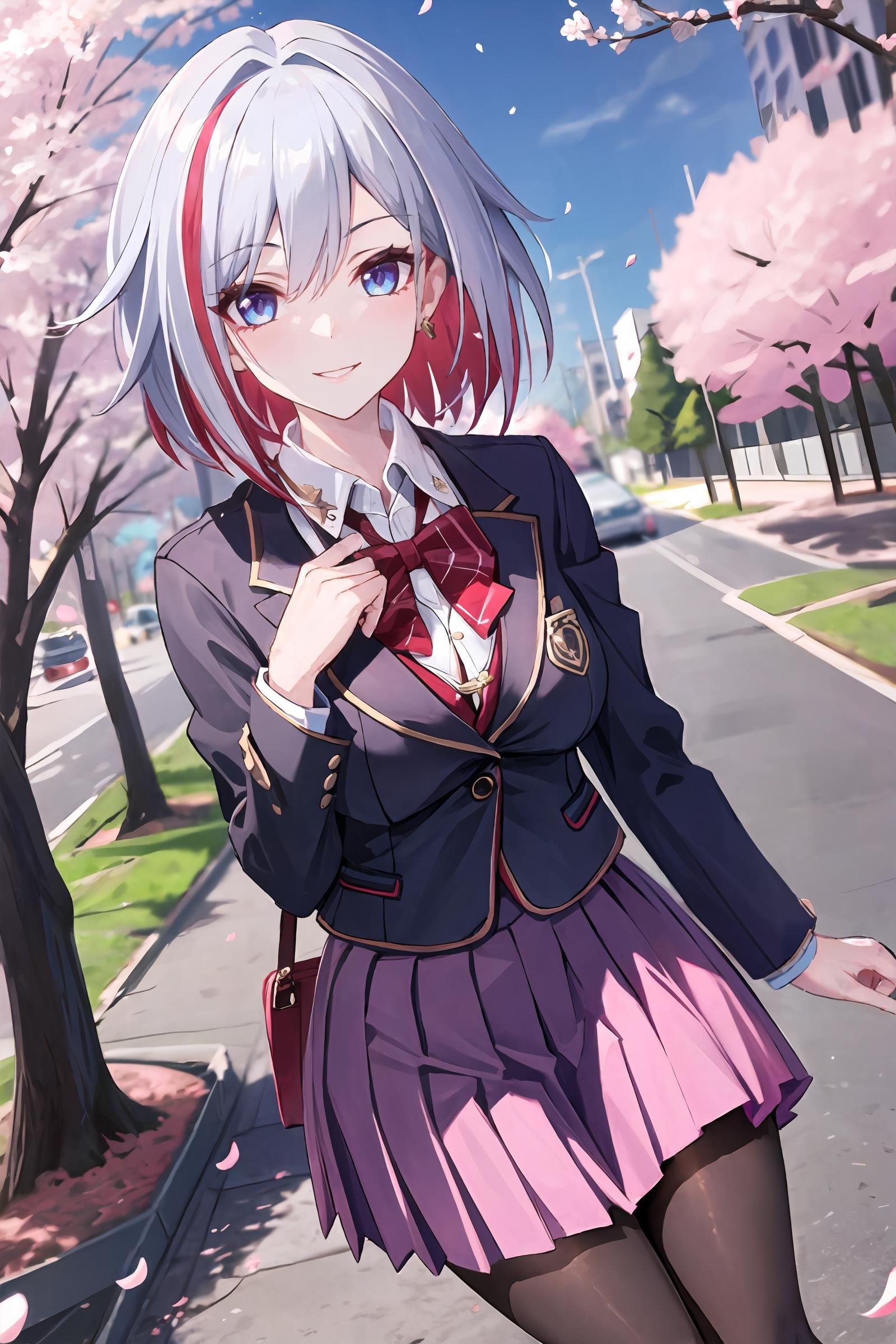 1girl, topaz \(honkai: star rail\), solo, school uniform, white shirt, sweater, pleated skirt, pantyhose, light smile, looking at viewer, outdoors, street, cherry blossoms, petals, depth of field, masterpiece