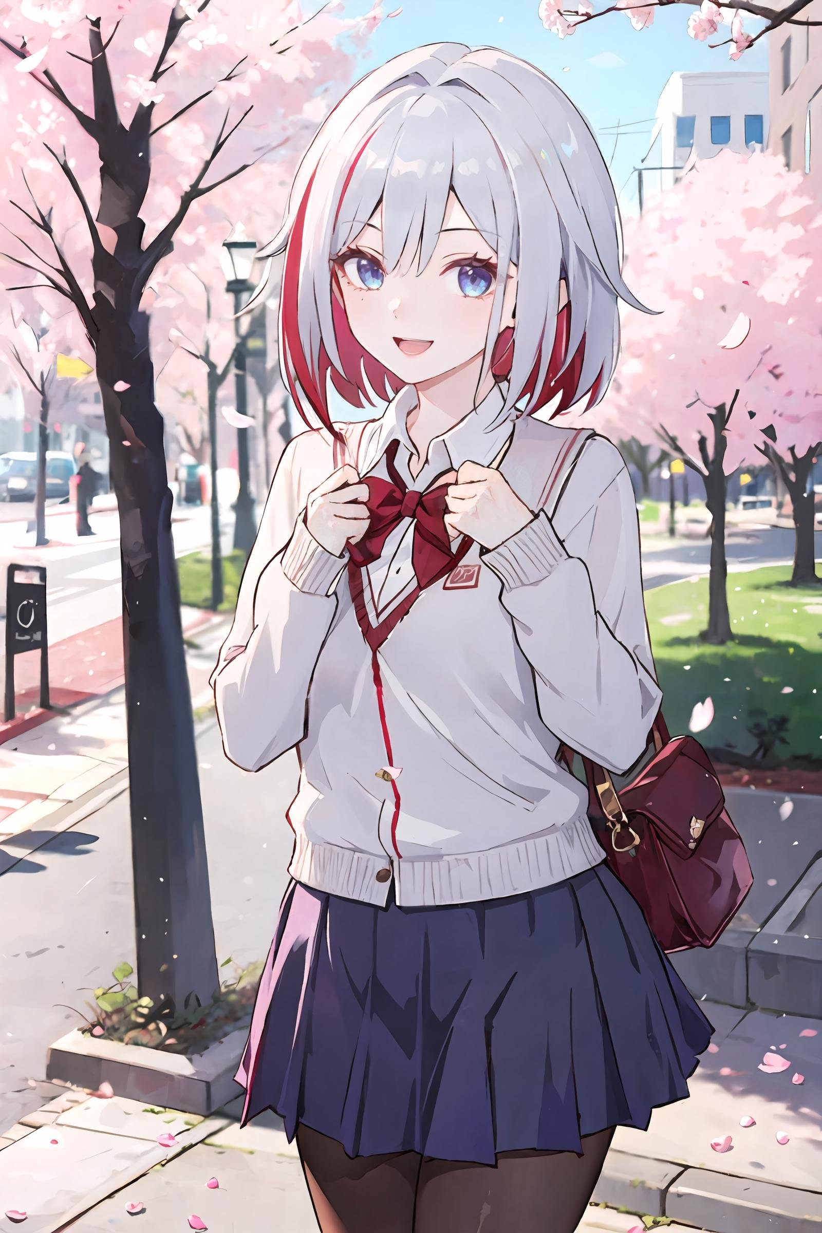 1girl, topaz \(honkai: star rail\), solo, school uniform, white shirt, sweater, pleated skirt, pantyhose, light smile, double v, looking at viewer, smile, open mouth, outdoors, street, cherry blossoms, petals, depth of field, masterpiece