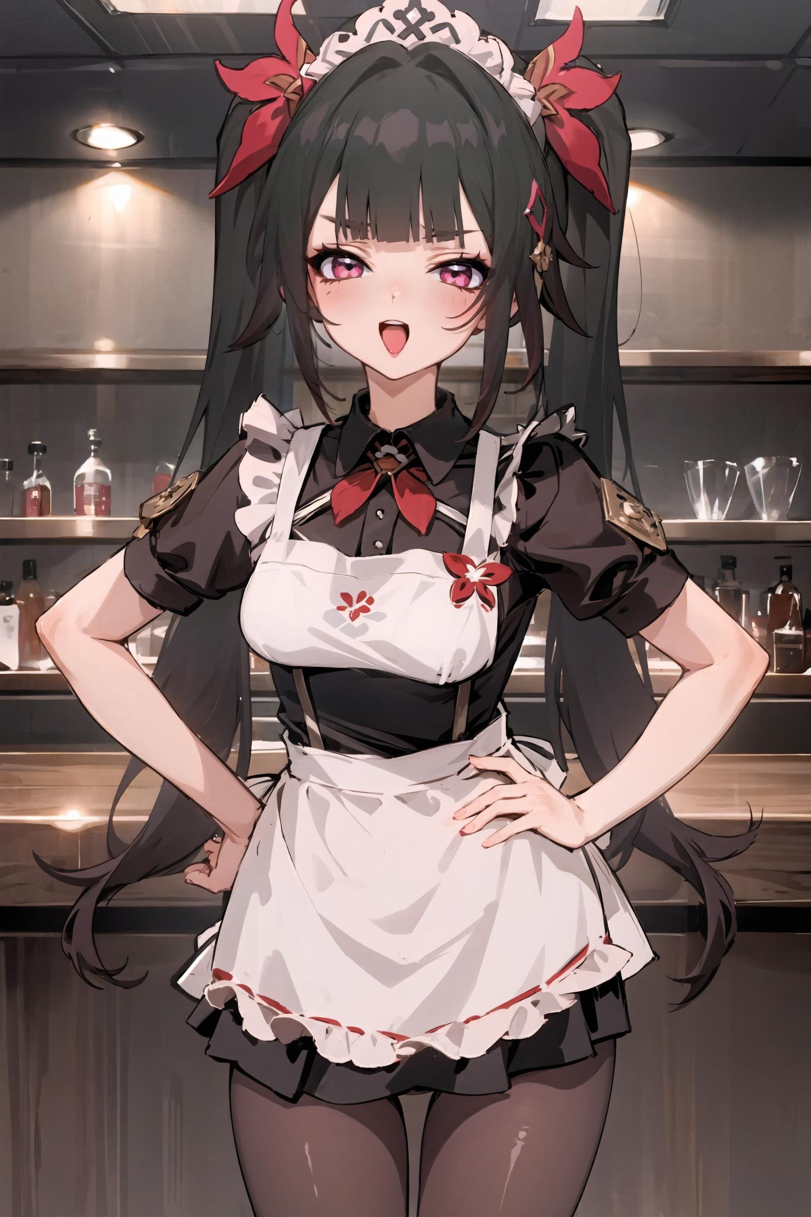 1girl, sparkle \(honkai: star rail\), twintails, solo, maid, maid headdress, maid apron, pantyhose, looking at viewer, cowboy shot, bar \(place\), indoors, depth of field, smug, open mouth, hand on hip, <lora:face-Smug:0.9>, masterpiece