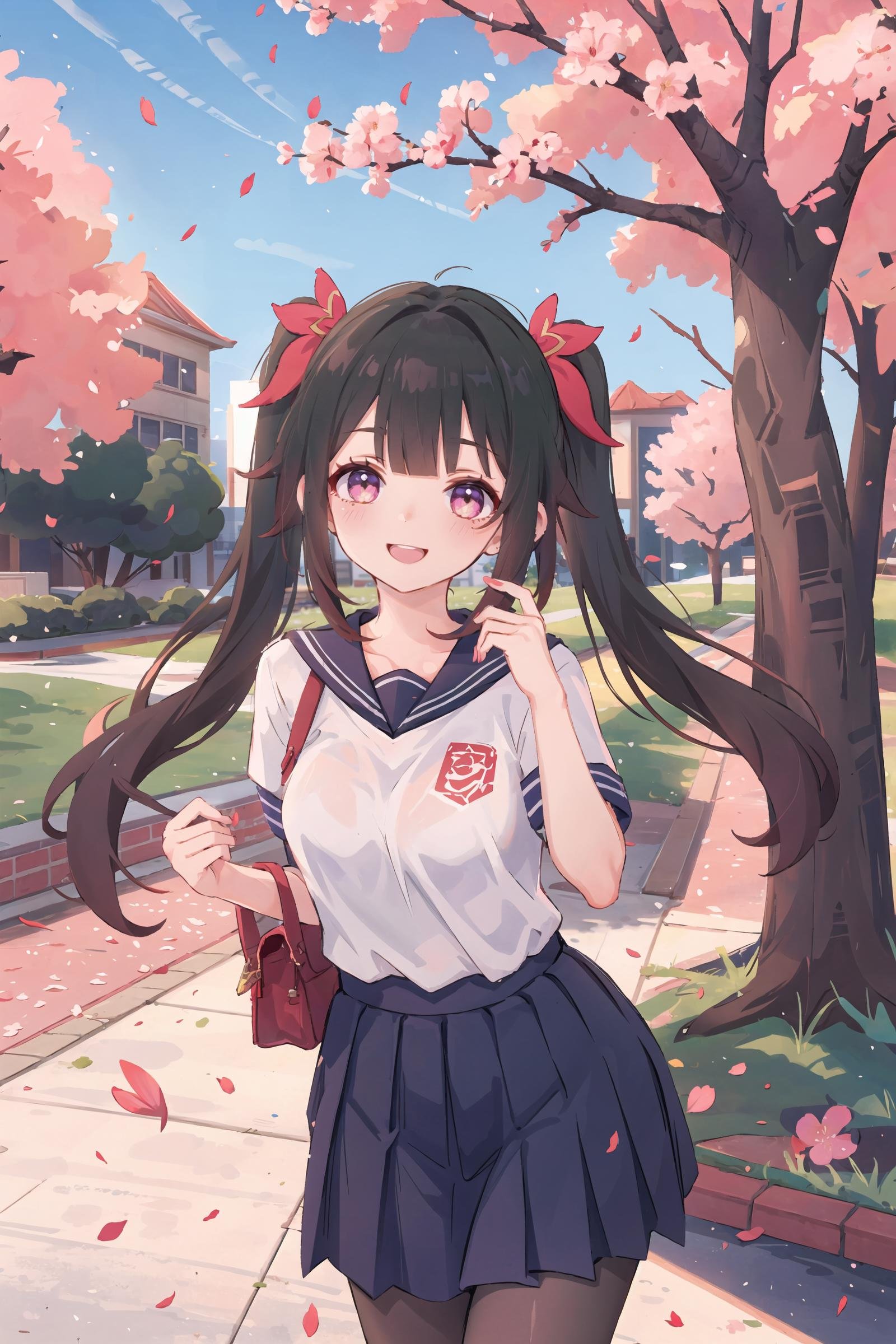 1girl, sparkle \(honkai: star rail\), twintails, solo, school uniform, white shirt, sweater, pleated skirt, pantyhose, light smile, looking at viewer, outdoors, street, cherry blossoms, petals, depth of field, masterpiece