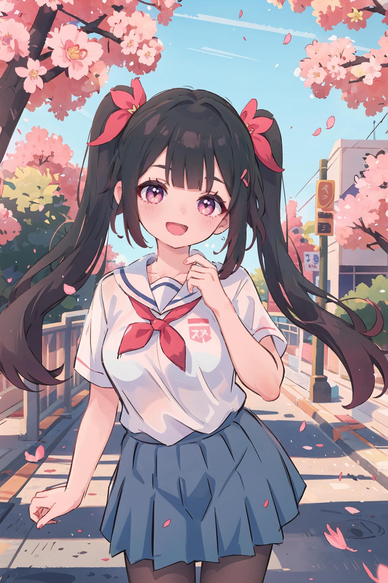 1girl, sparkle \(honkai: star rail\), twintails, solo, school uniform, white shirt, sweater, pleated skirt, pantyhose, light smile, double v, looking at viewer, smile, open mouth, outdoors, street, cherry blossoms, petals, depth of field, masterpiece