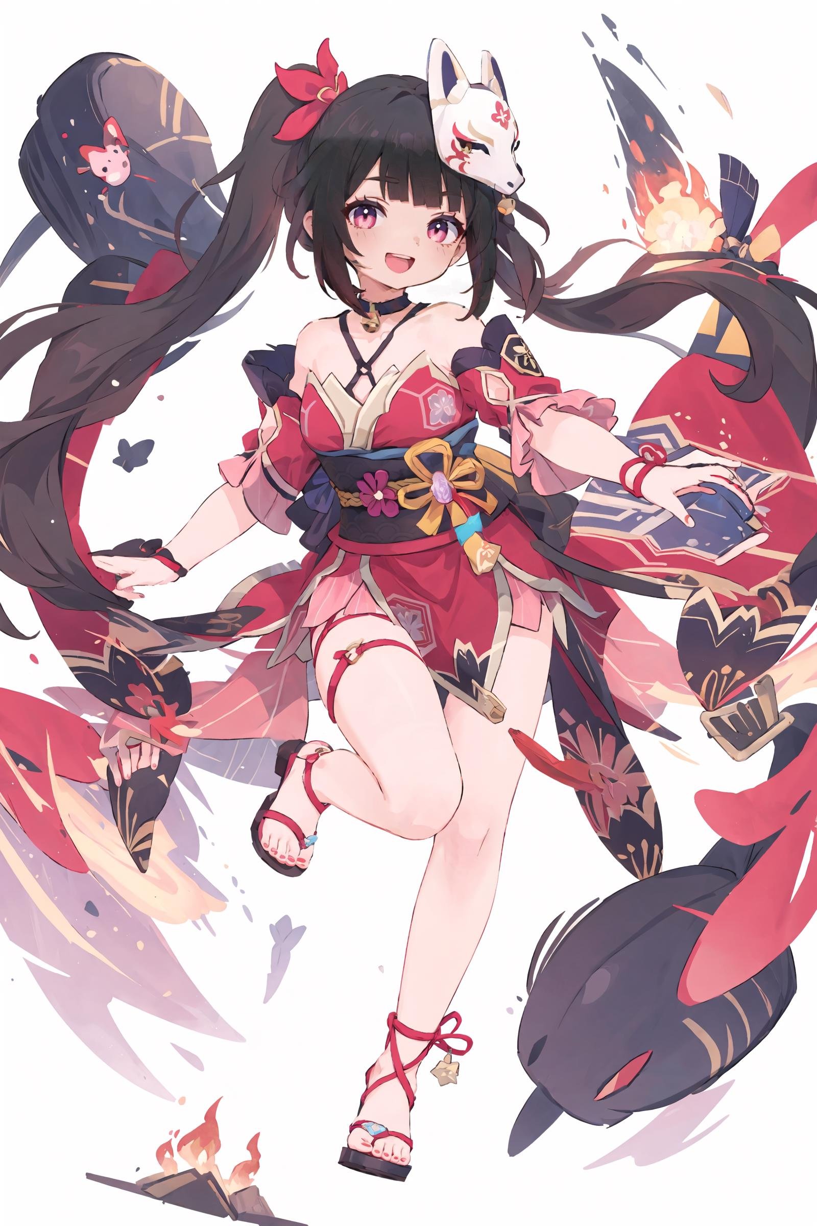 1girl, sparkle \(honkai: star rail\), twintails, hair ornament, solo, off shoulder kimono, mask on head, detached sleeves, choker, obi, single glove, cross-laced sandals, wristband, criss-cross halter, thigh strap, looking at viewer, smile, open mouth, full body, legs up, floating, midair, explosion, fire, masterpiece