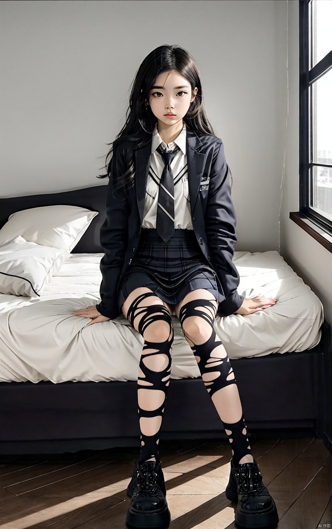  1girl,full body,sitting,school_uniform,mini_skirt,vivid,colorful, ripped,indoors,bedroom,bed