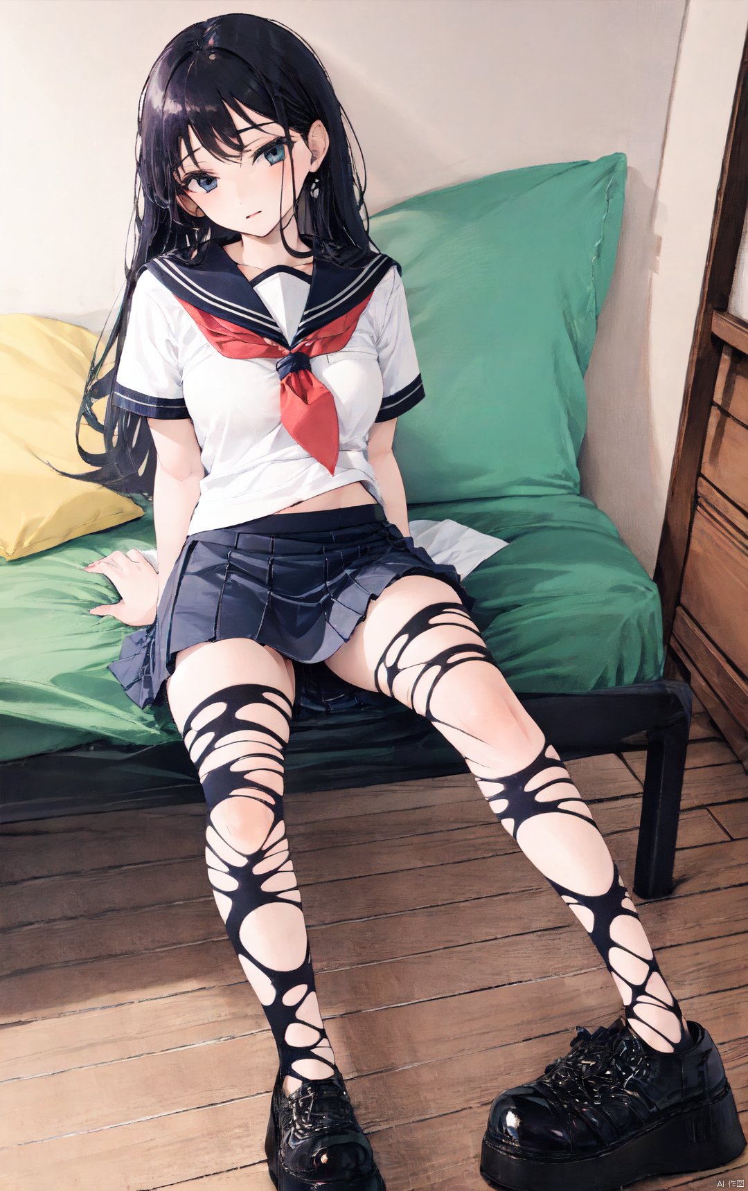  1girl,full body,sitting,school_uniform,mini_skirt,vivid,colorful, ((ripped)),indoors,bedroom,bed