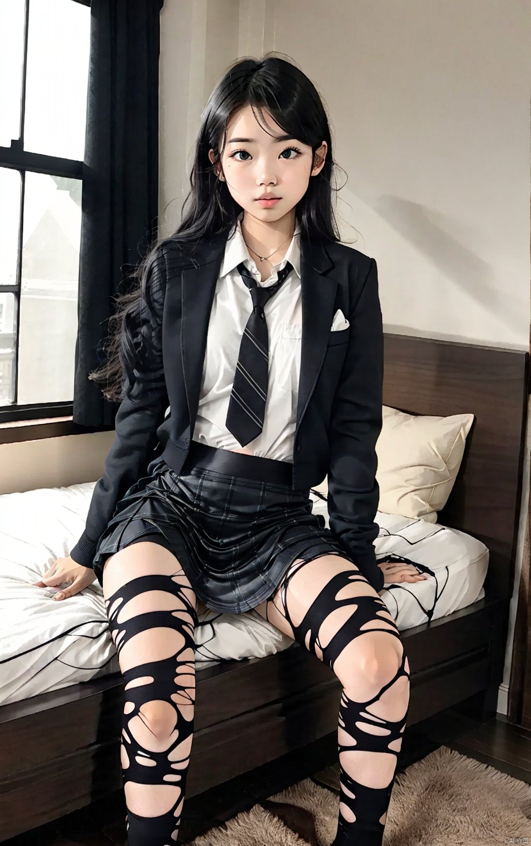  1girl,full body,sitting,school_uniform,mini_skirt,vivid,colorful, ((ripped)),indoors,bedroom,bed