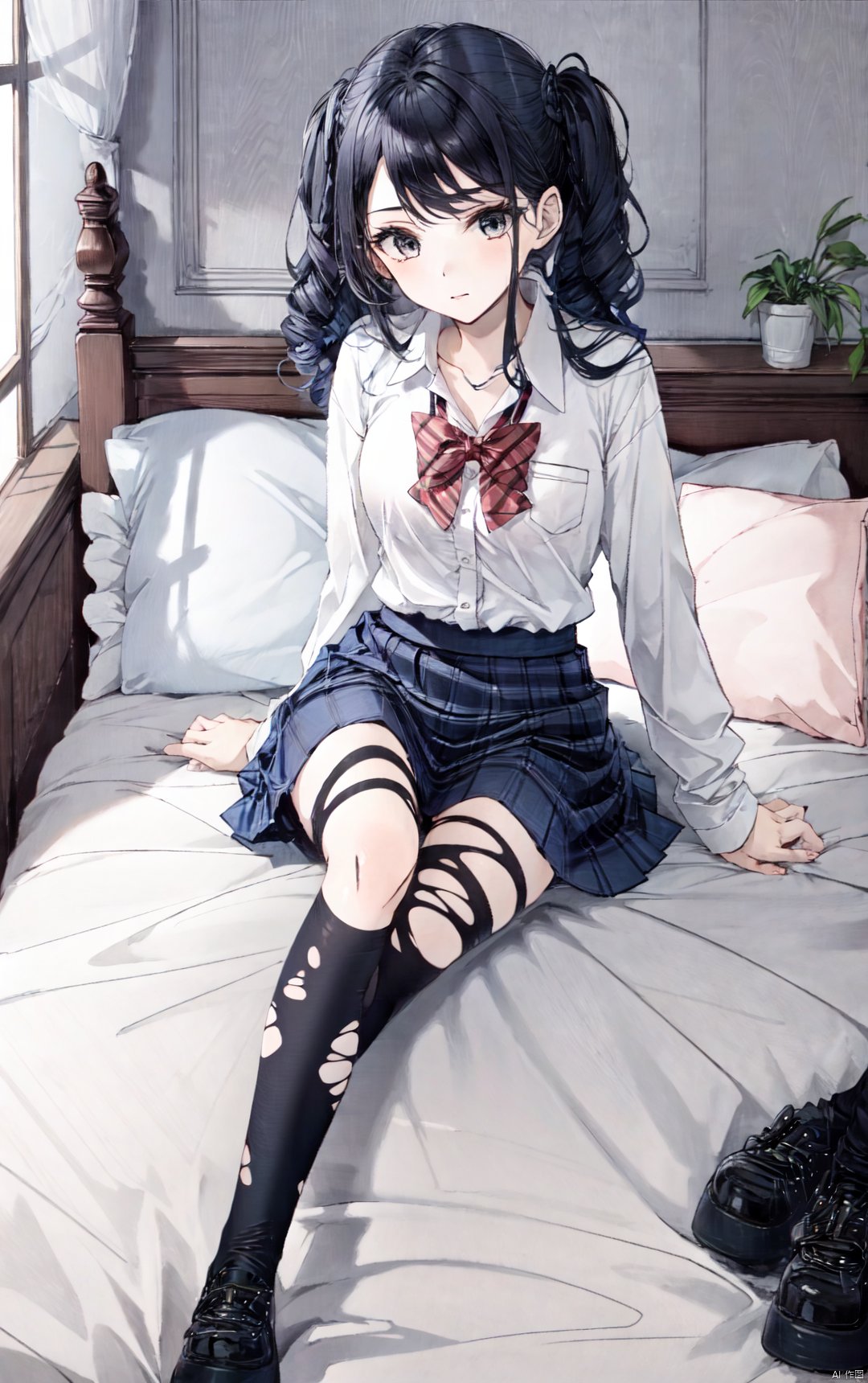  1girl,full body,sitting,school_uniform,mini_skirt,vivid,colorful, ripped,indoors,bedroom,bed