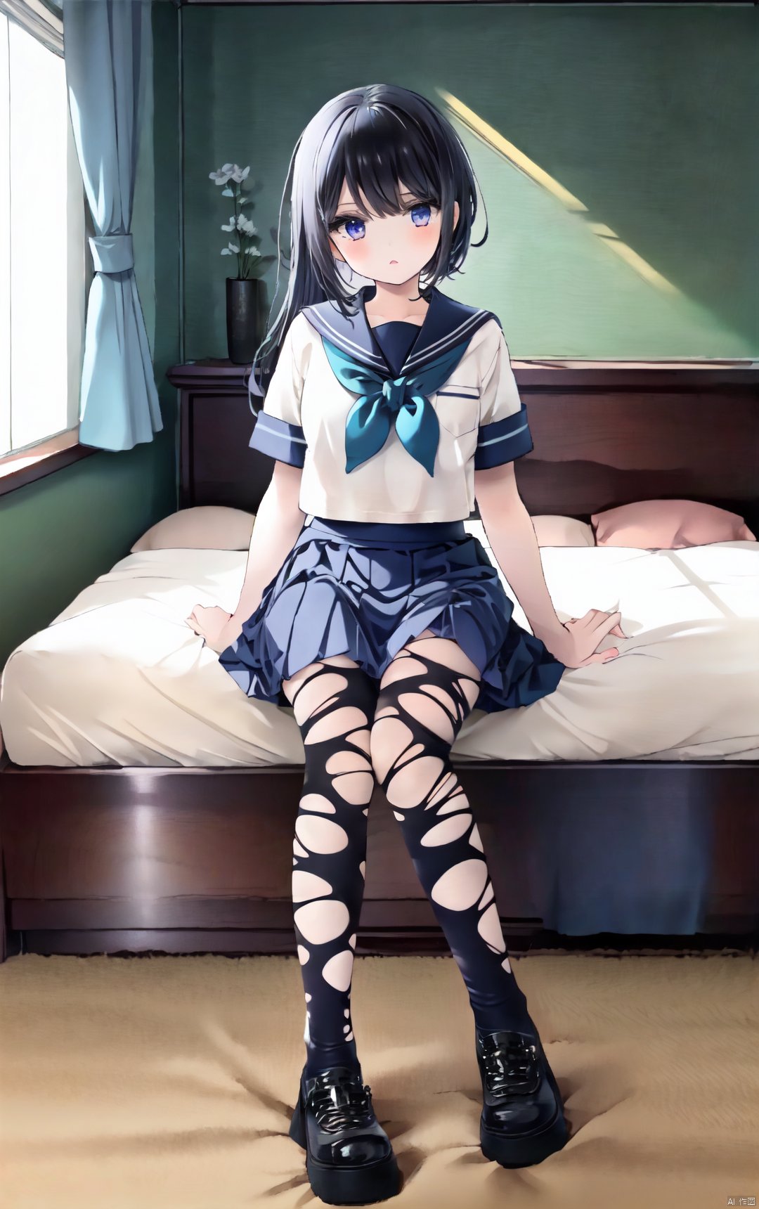  1girl,full body,sitting,school_uniform,mini_skirt,vivid,colorful, ((ripped)),indoors,bedroom,bed