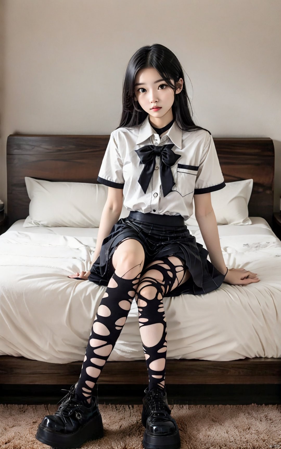  1girl,full body,sitting,school_uniform,mini_skirt,vivid,colorful, ripped,indoors,bedroom,bed