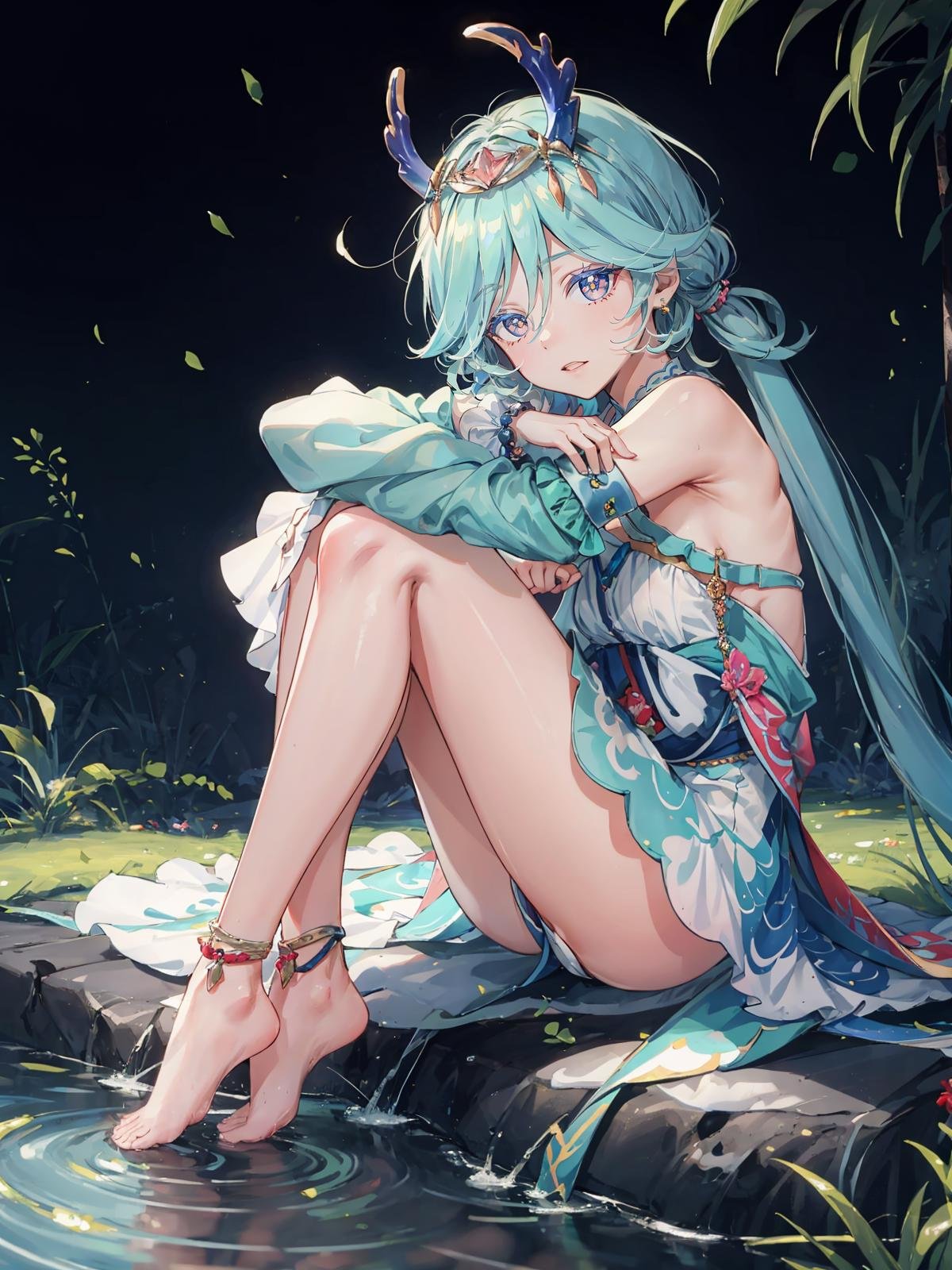 (extremely detailed CG, best quality:1.1), 1girl, perfect face, bright pupils, (finely detailed beautiful eyes:1.1), shiny skin, lustrous skin, wide hips, narrow waist, blue hair, multicolored hair, long hair, hair between eyes, twintails, horns, hair ornament, blue eyes, dress, bare shoulders, detached sleeves, anklet, barefoot, sitting, wading, full body, simple background, hugging own legs, depth of field, head tilt, from side,   <lora:DragonKingSharun:0.6>