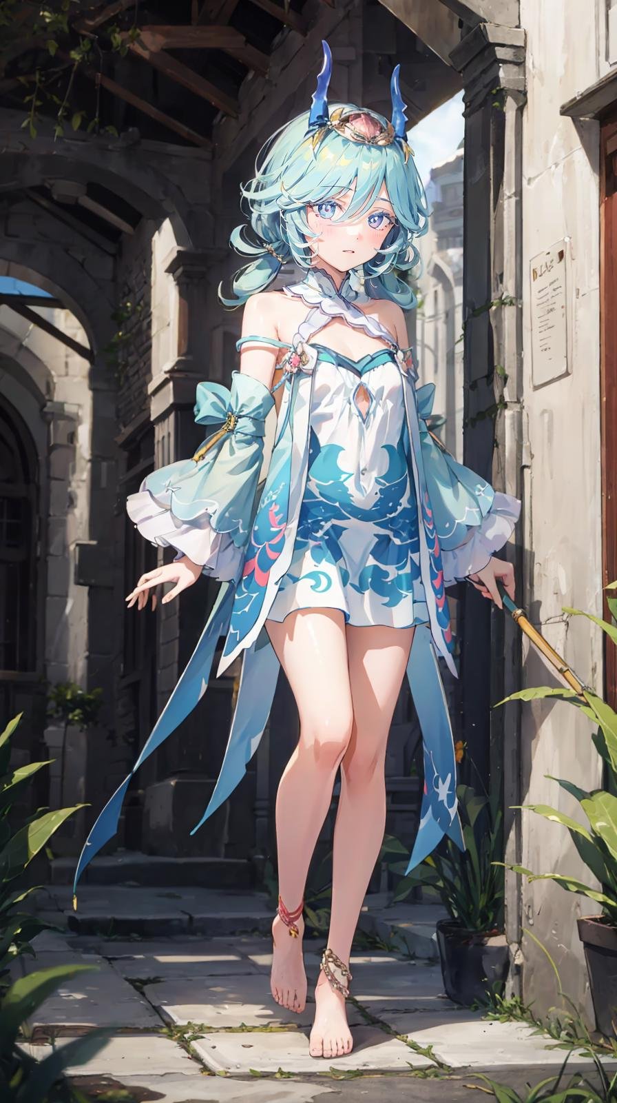 (extremely detailed CG, best quality:1.1), 1girl, perfect face, bright pupils, (finely detailed beautiful eyes:1.1), shiny skin, lustrous skin, wide hips, narrow waist, blue hair, multicolored hair, long hair, hair between eyes, twintails, horns, hair ornament, blue eyes, dress, bare shoulders, detached sleeves, barefoot, anklet, full body, standing, depth of field, <lora:DragonKingSharun:0.6>