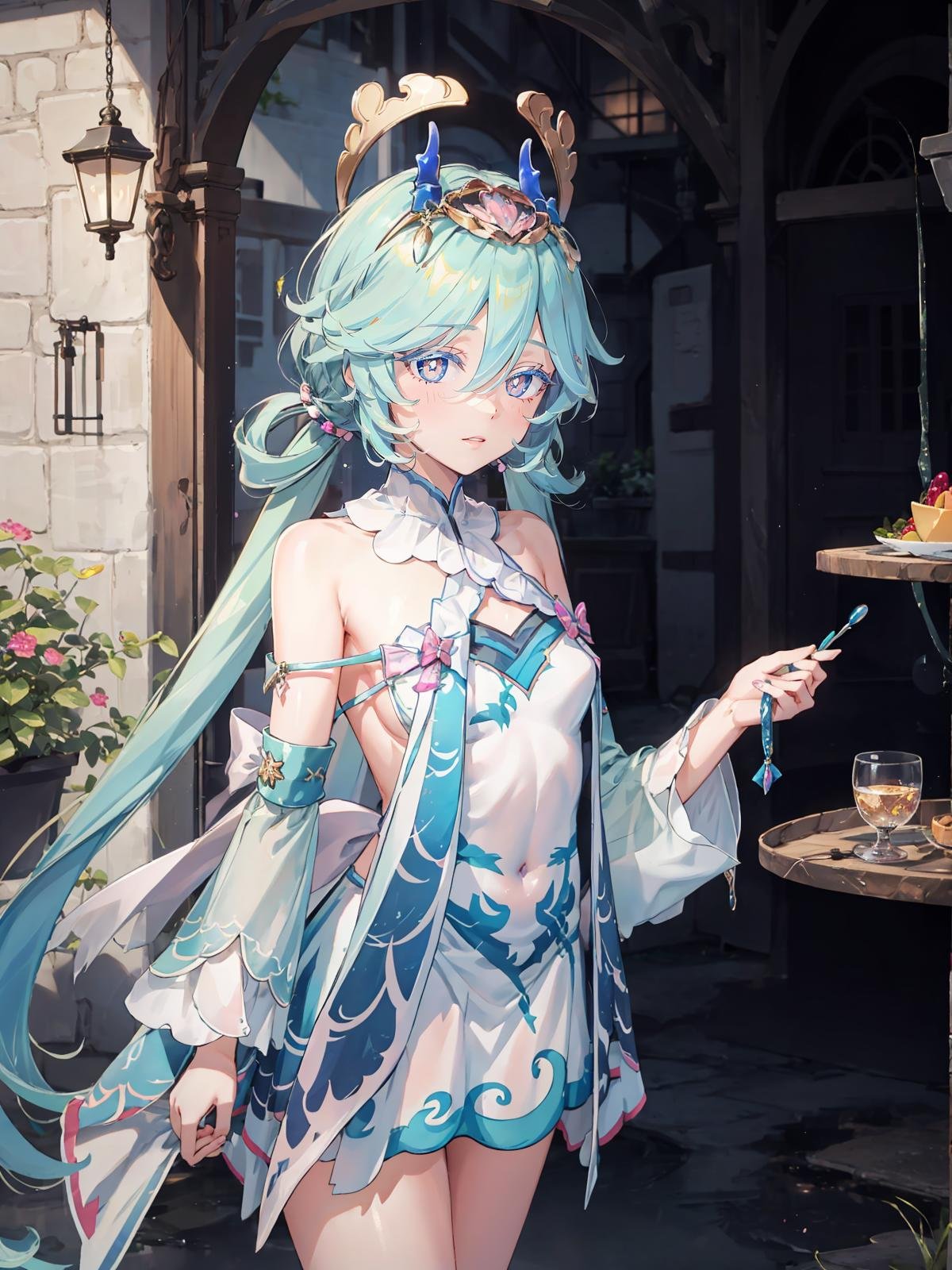 (extremely detailed CG, best quality:1.1), 1girl, perfect face, bright pupils, (finely detailed beautiful eyes:1.1), shiny skin, lustrous skin, wide hips, narrow waist, blue hair, multicolored hair, long hair, hair between eyes, twintails, horns, hair ornament, blue eyes, dress, bare shoulders, detached sleeves, cowboy shot,  <lora:DragonKingSharun:0.6>