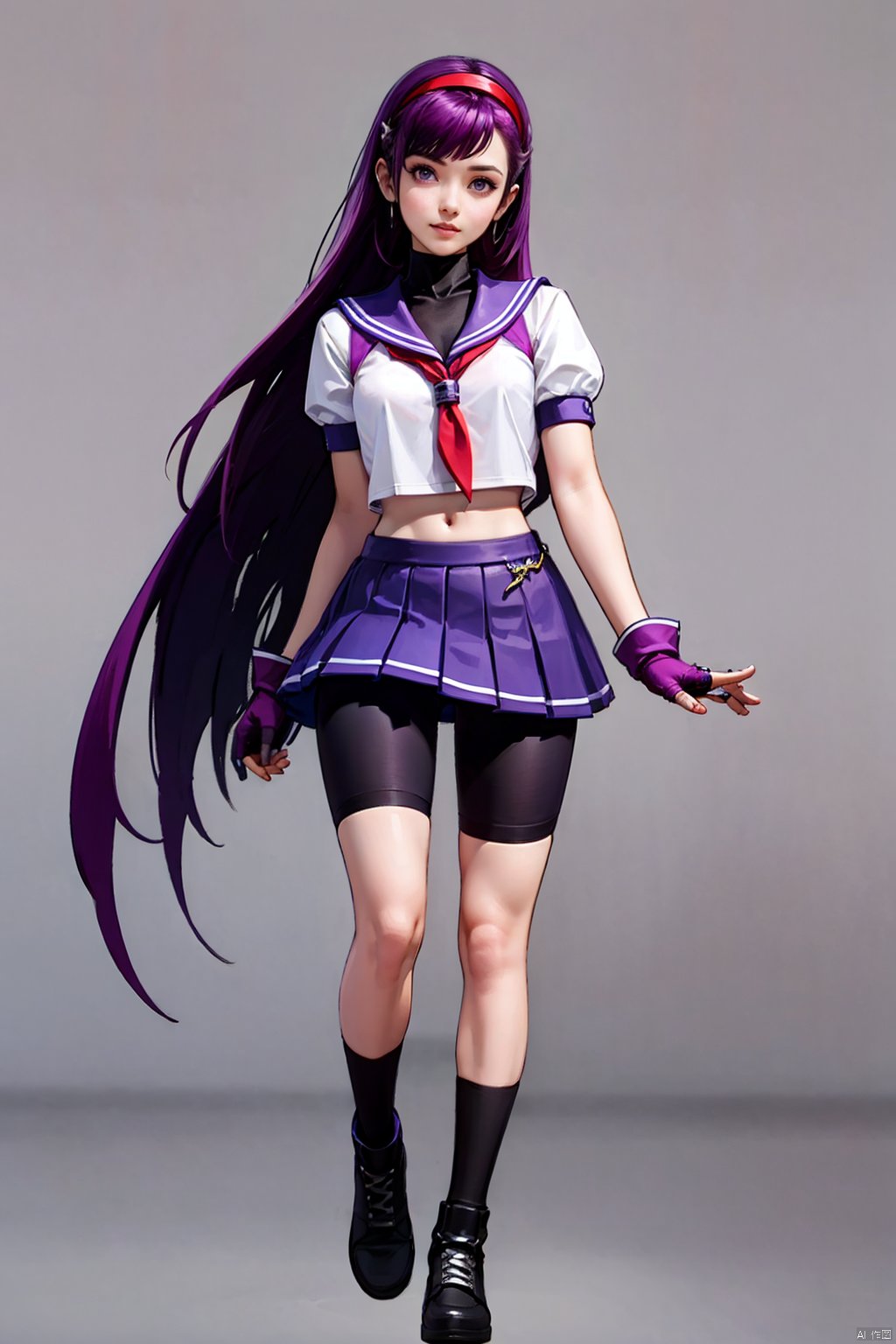 kll, 1girl, solo, red hairband, hairband, gloves, fingerless gloves, purple hair, full body, long hair, standing, skirt, simple background, purple eyes, bike shorts, jewelry, looking at viewer, star \(symbol\), shoes