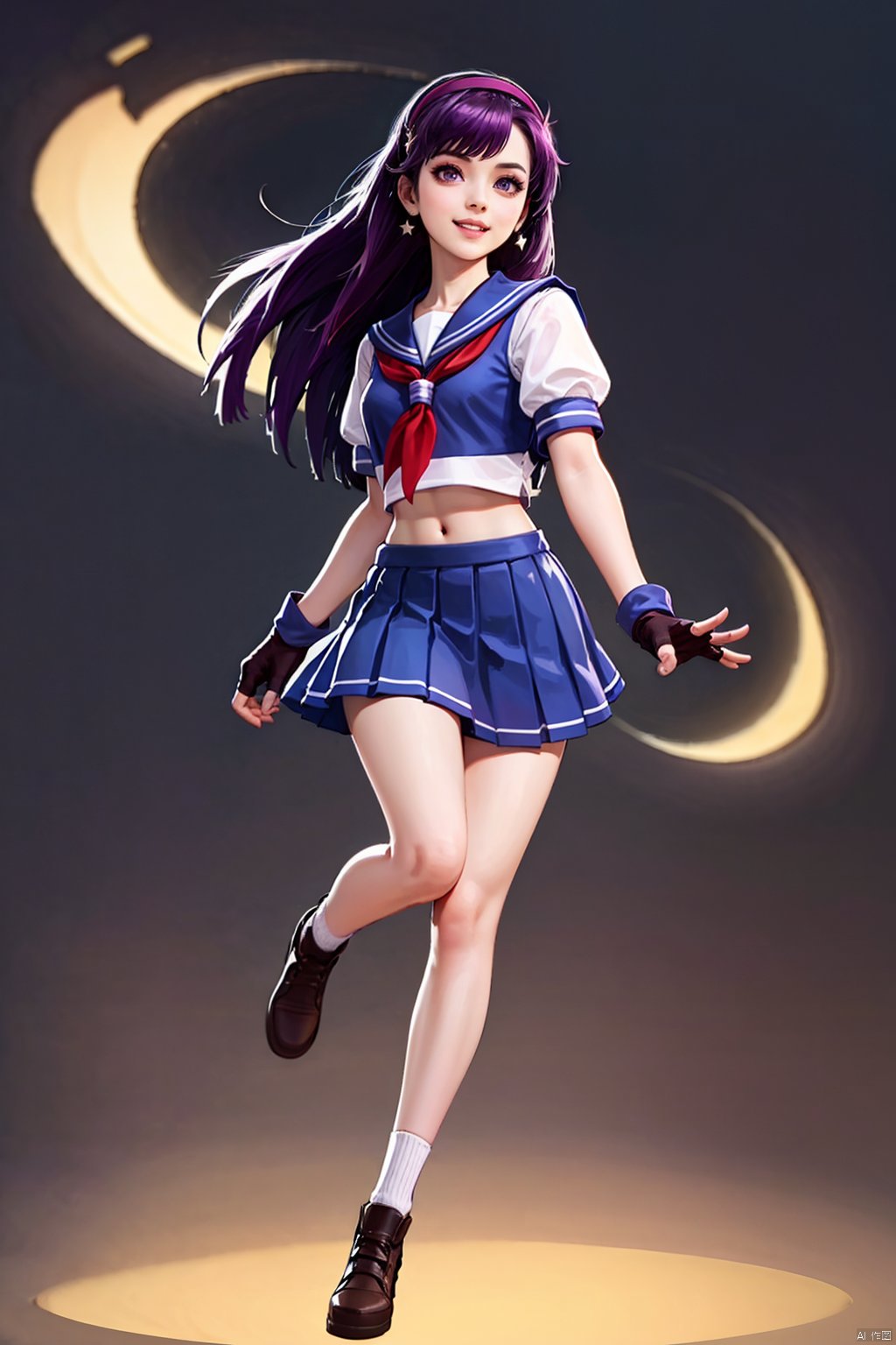 kll, 1girl, solo, school uniform, hairband, purple hair, serafuku, purple eyes, gloves, long hair, fingerless gloves, v, skirt, socks, star \(symbol\), earrings, midriff, jewelry, shoes, crop top, full body, smile, hair ornament, pleated skirt