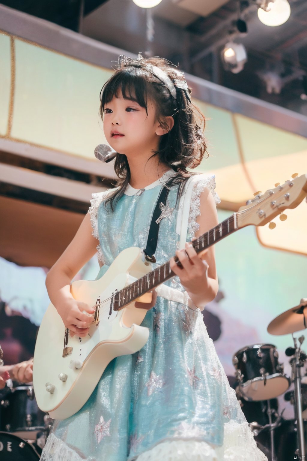  (Masterpiece, best picture quality, master work), child
,sex_dress,(playing | guitar), confident, stage lighting, center stage, crowd watching, rock and roll, child,sparkle print, takei film