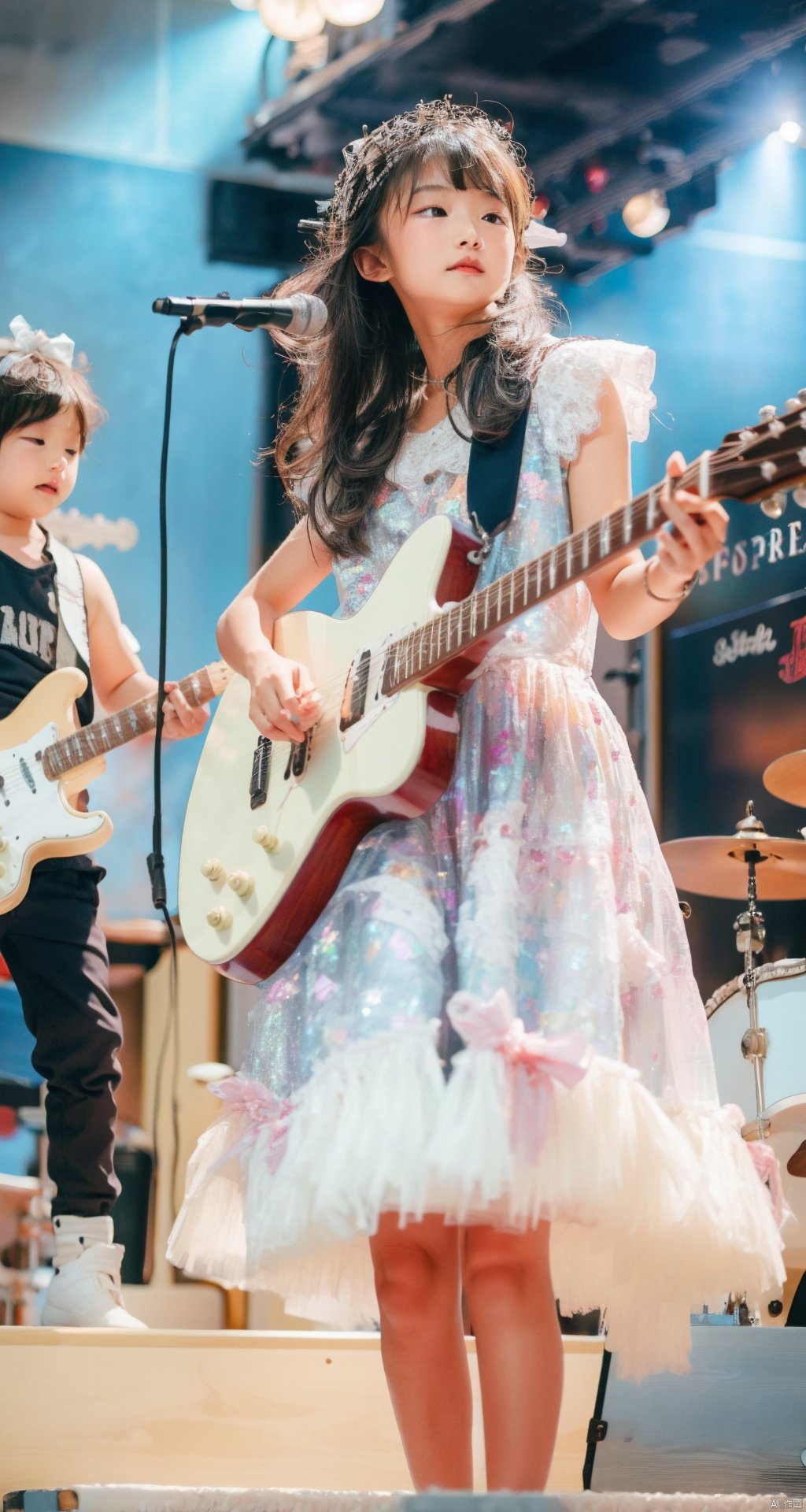  (Masterpiece, best picture quality, master work), child
,sex_dress,(playing | guitar), confident, stage lighting, center stage, crowd watching, rock and roll, child,sparkle print, takei film