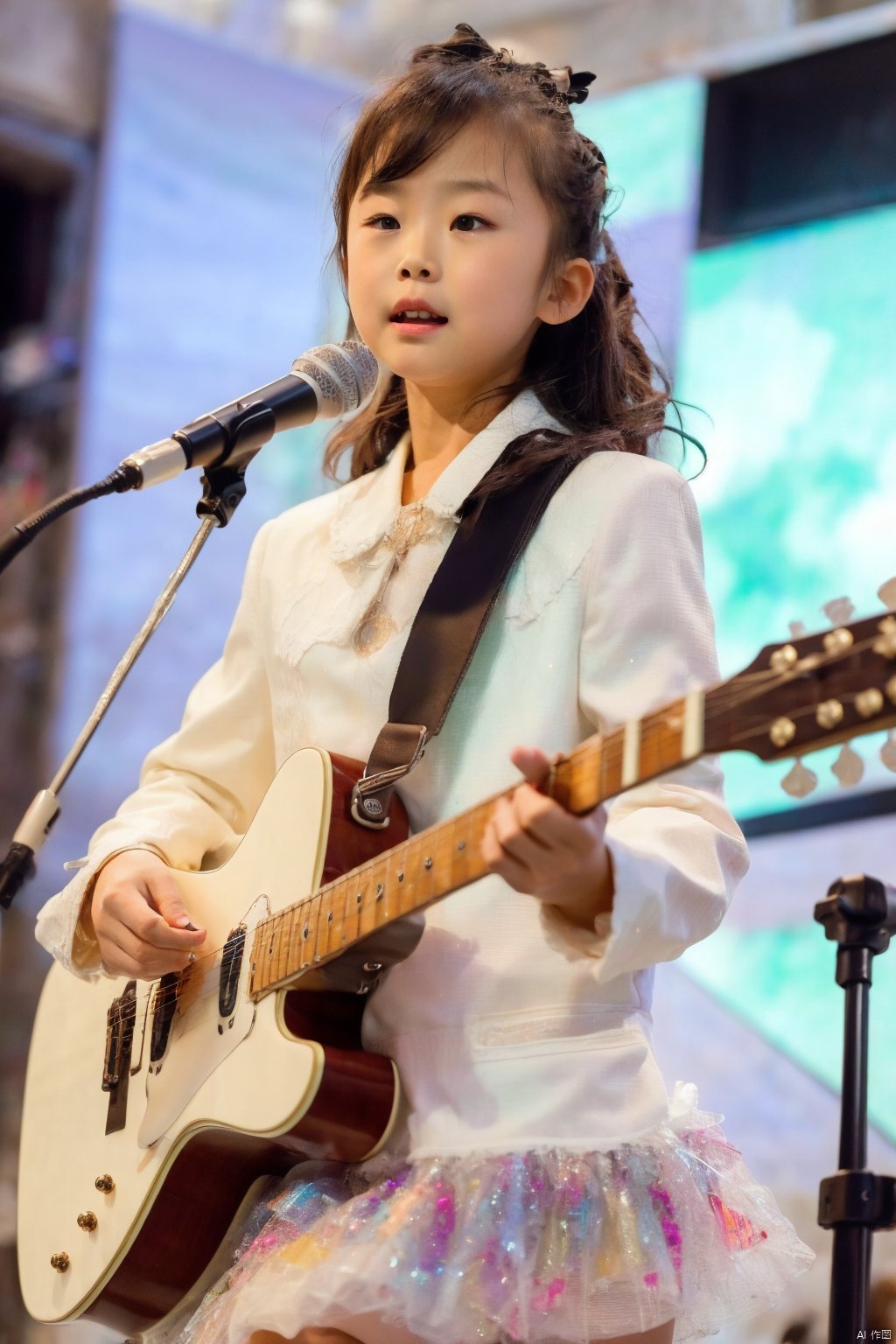  (Masterpiece, best picture quality, master work), child
,sex_dress,(playing | guitar), confident, stage lighting, center stage, crowd watching, rock and roll, child,sparkle print, takei film