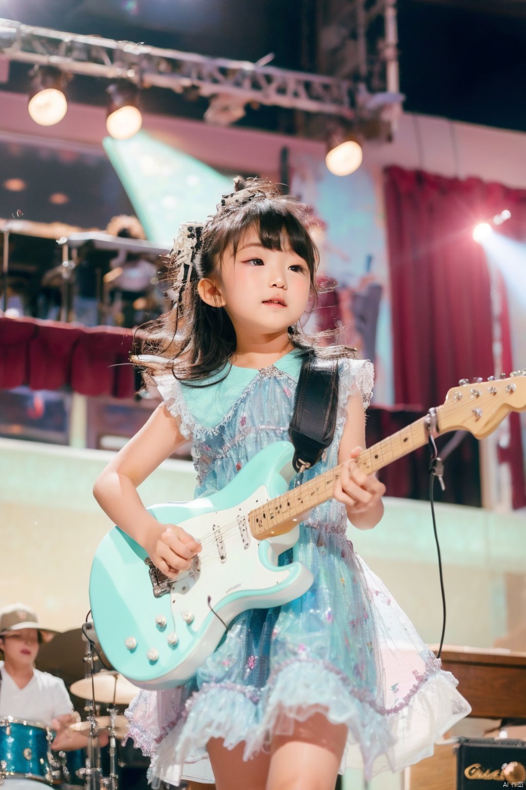  (Masterpiece, best picture quality, master work), child
,sex_dress,(playing | guitar), confident, stage lighting, center stage, crowd watching, rock and roll, child,sparkle print, takei film