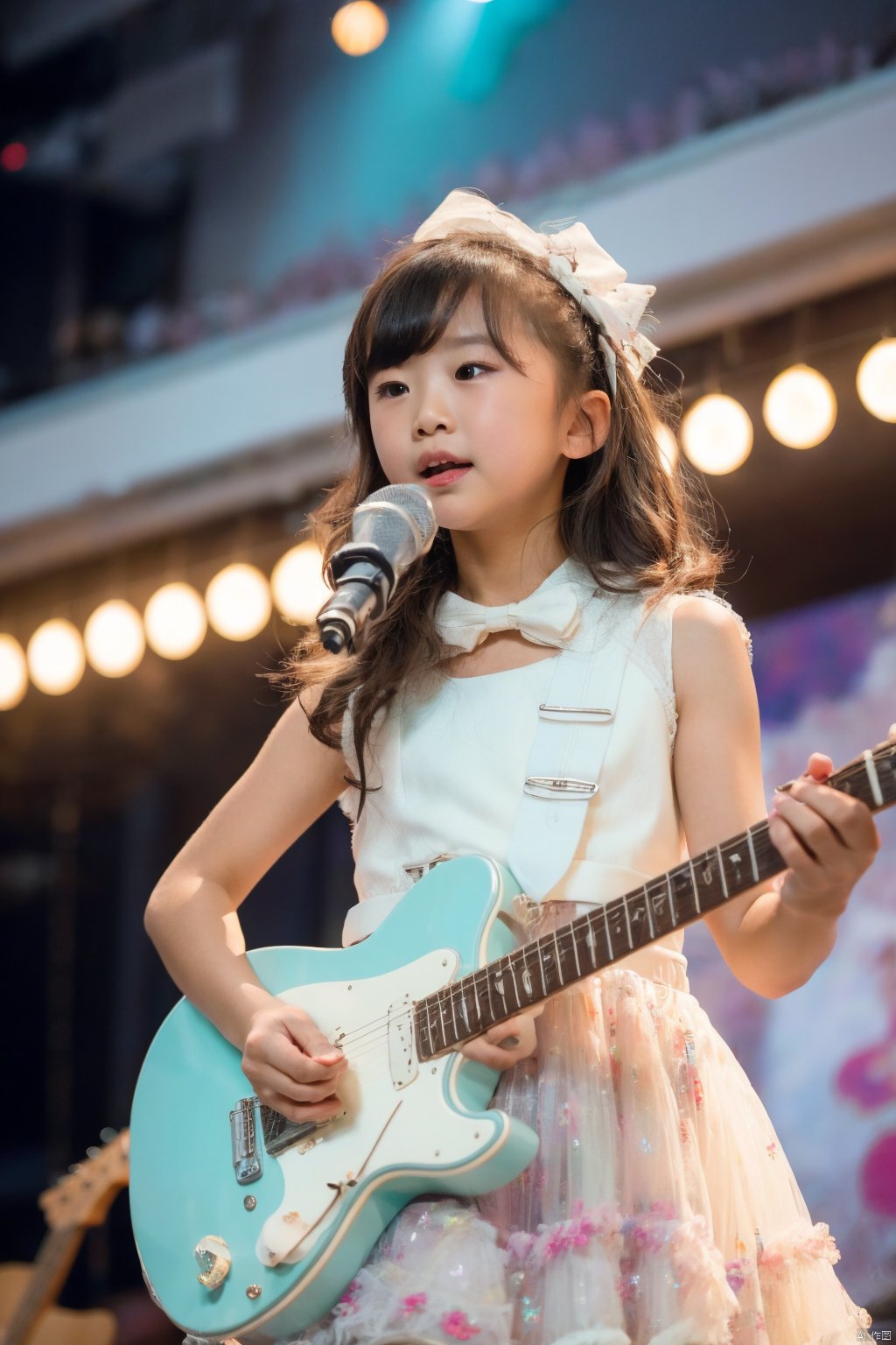  (Masterpiece, best picture quality, master work), child
,sex_dress,(playing | guitar), confident, stage lighting, center stage, crowd watching, rock and roll, child,sparkle print, takei film