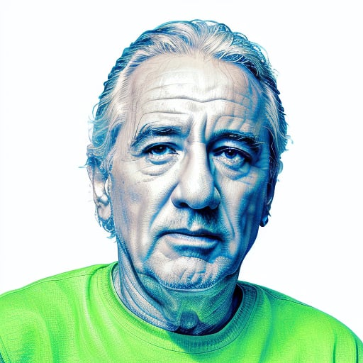 Ultra sharp, highly detailed crosshatched illustration of Robert De Niro. High contrast face, cocked eyebrow, thick eyebrows, partially shaded face, simple background, monochrome, blue theme, sharp focus, intricately detailed, hatched lineart, layers of hatching lines, highest quality, masterpiece, 8K, XTCH, crosshatch