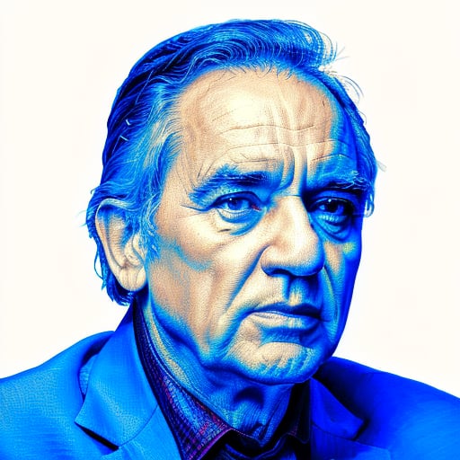 Ultra sharp, highly detailed crosshatched illustration of Johnny Cash. High contrast face, cocked eyebrow, thick eyebrows, partially shaded face, simple background, monochrome, blue theme, sharp focus, intricately detailed, hatched lineart, layers of hatching lines, highest quality, masterpiece, 8K, XTCH, crosshatch