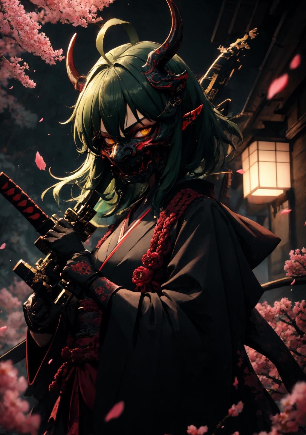 dark theme, oni_mask, gavial, 1girl, green hair, short hair, yellow eyes, pointy ears, japanese clothes, kimono, black kimono, (glowing: 1.1), (glowing eyes: 1.1), horned helmet, (mask on head: 1.1), (oni: 1.21), (red mask: 1.21), holding weapon, holding sword, katana, upper body, looking at viewer, petals, cherry blossoms, blurry, solo, <lora:oni_mask-08:1>, <lora:Gavial-04:1>, <lora:LowRA:0.5>, Holding a Katana