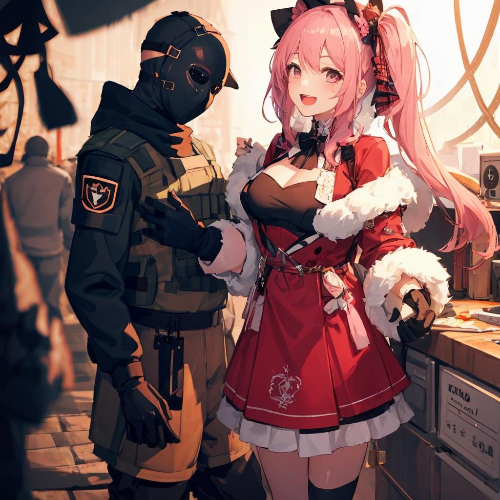 1boy, masterpiece, best quality, detailed, spe, blurry, 1boy, male focus, no eyes, gloves, long sleeves, armor, bulletproof vest ,covered face,looking at viewer, outdoors, <lora:special_forces-04:0.8>BREAK1girl, masterpiece, best quality, detailed, 1girl, pink hair, smile, kawai, open mouth, looking at another