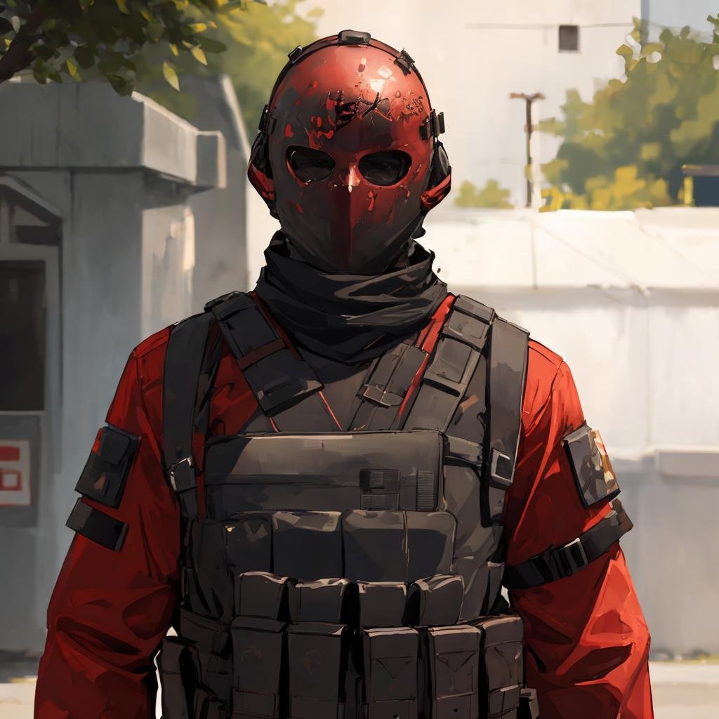 red theme ,masterpiece, best quality, detailed, spe, blurry, 1boy, male focus, no eyes, gloves, long sleeves, armor, rifle, holding weapon,  bulletproof vest ,covered face, solo, upper body, outdoors, <lora:special_forces-04:0.8>