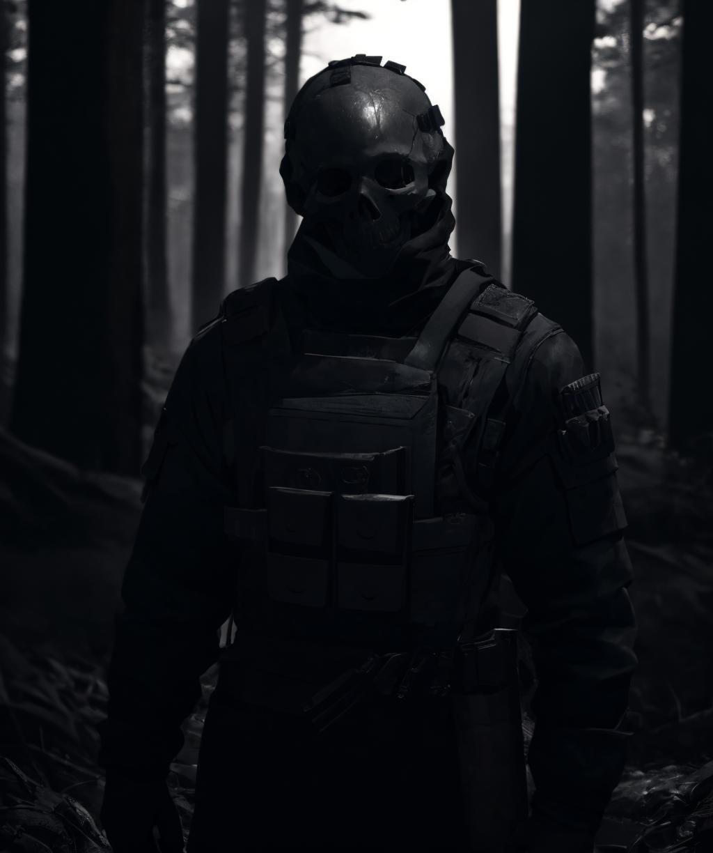 grey theme, dark theme, masterpiece, best quality, detailed, spe, blurry, 1boy, male focus, skull, no eyes, gloves, long sleeves, armor, bulletproof vest ,covered face,looking at viewer, outdoors, forest,<lora:special_forces-04:0.8> <lora:LowRA:0.8>
