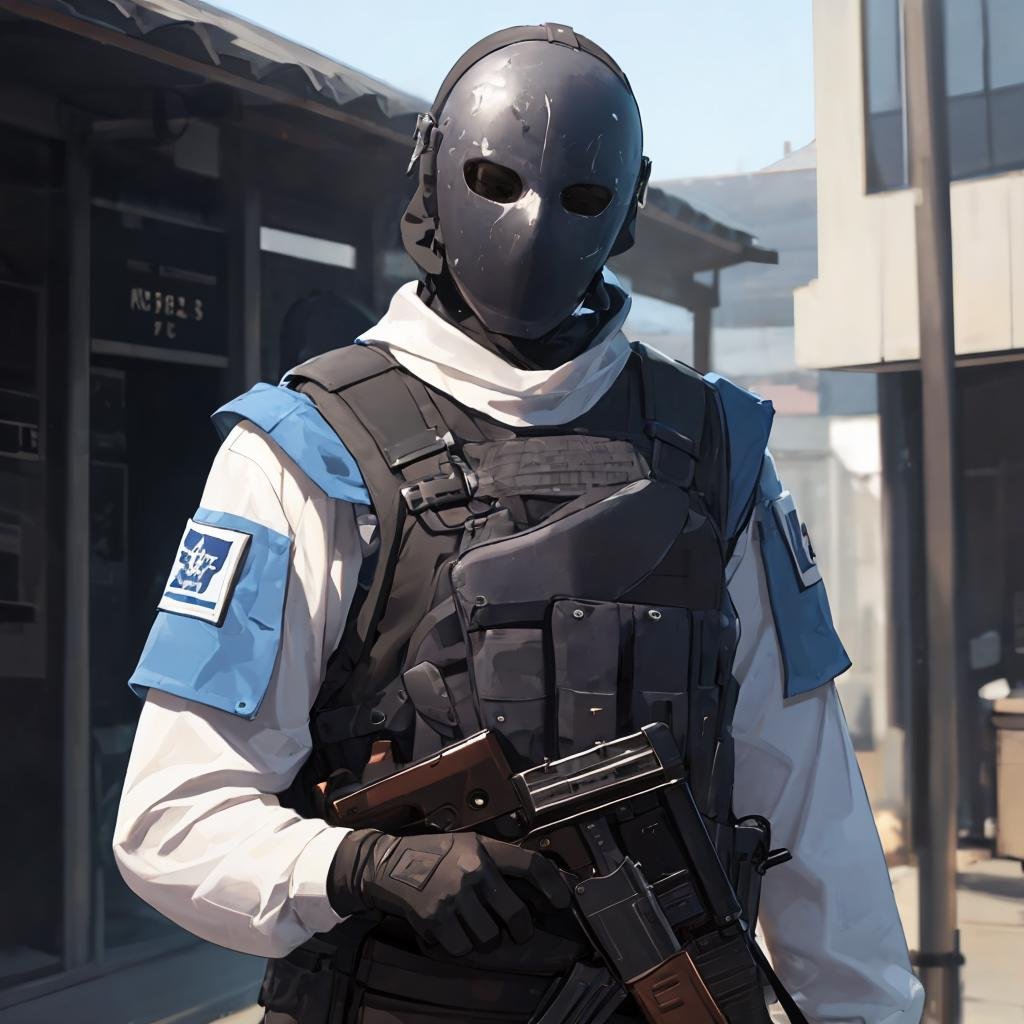 blue theme ,masterpiece, best quality, detailed, spe, blurry, 1boy, male focus, no eyes, gloves, long sleeves, armor, rifle, holding weapon,  bulletproof vest ,covered face, solo, upper body, outdoors, <lora:special_forces-04:0.8>
