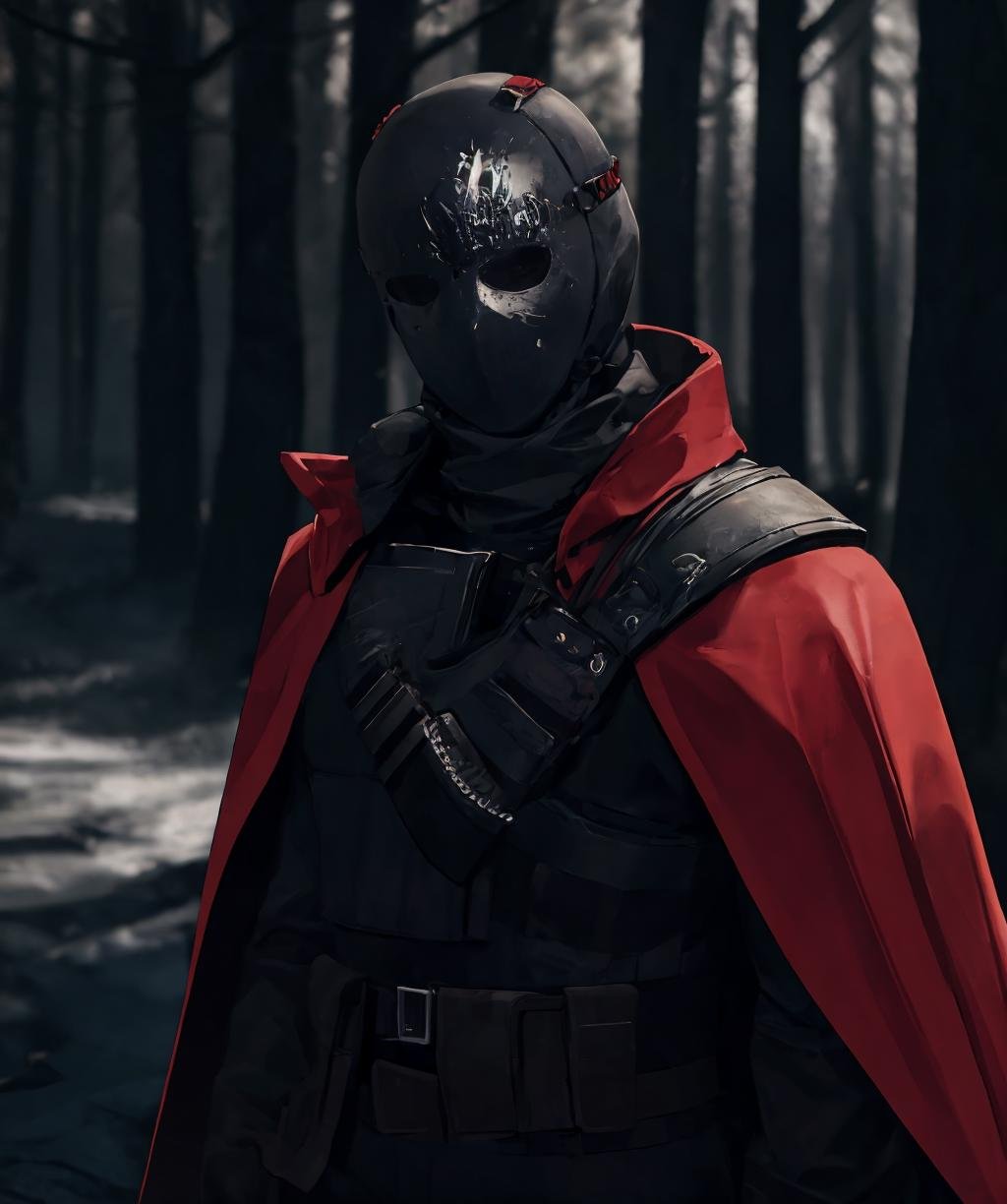 red theme, dark theme, masterpiece, best quality, detailed, spe, blurry, 1boy, male focus, cape, spike, no eyes, gloves, long sleeves, armor, bulletproof vest ,covered face,looking at viewer, outdoors, forest,<lora:special_forces-04:0.8> <lora:LowRA:0.8> 