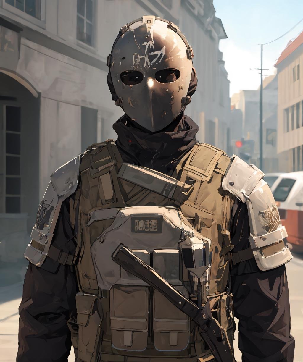 masterpiece, best quality, detailed, spe, blurry, 1boy, male focus, no eyes, gloves, long sleeves, armor, bulletproof vest ,covered face,looking at viewer, outdoors, <lora:special_forces-04:0.8>