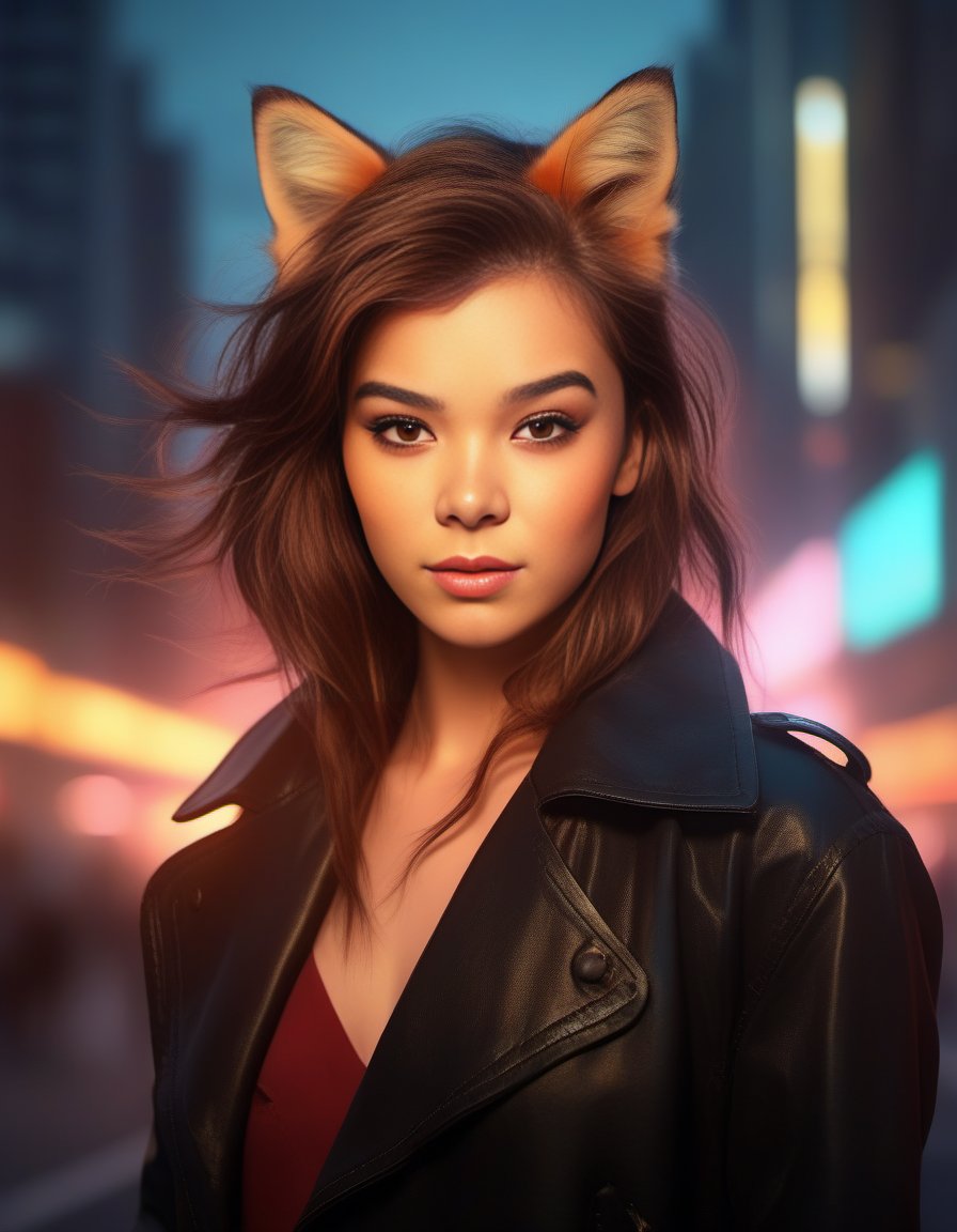 HaileeSteinfeld,<lora:HaileeSteinfeldSDXL:1>female, realistic photo, portrait shinkai makoto studio ghibli Studio key hideaki anno sustin Teng fanart behance hd by Jesper Ejsing and RHADS trending on artstation. Oil painting of a cute female fox girl with dark red hair wearing leather jacket overcoat in the cityscape at night backlit fur armor national geographic photograph dramatic lighting fantasy cyberpunk style soft vibrant colours matte paint detailed pastel from below award winning photography ultra high quality 8k 4D octane render neon highlights sharp focus depth field cinematic atmospheric lightning stars clouds skybox lens flare nikon D&R bokeh