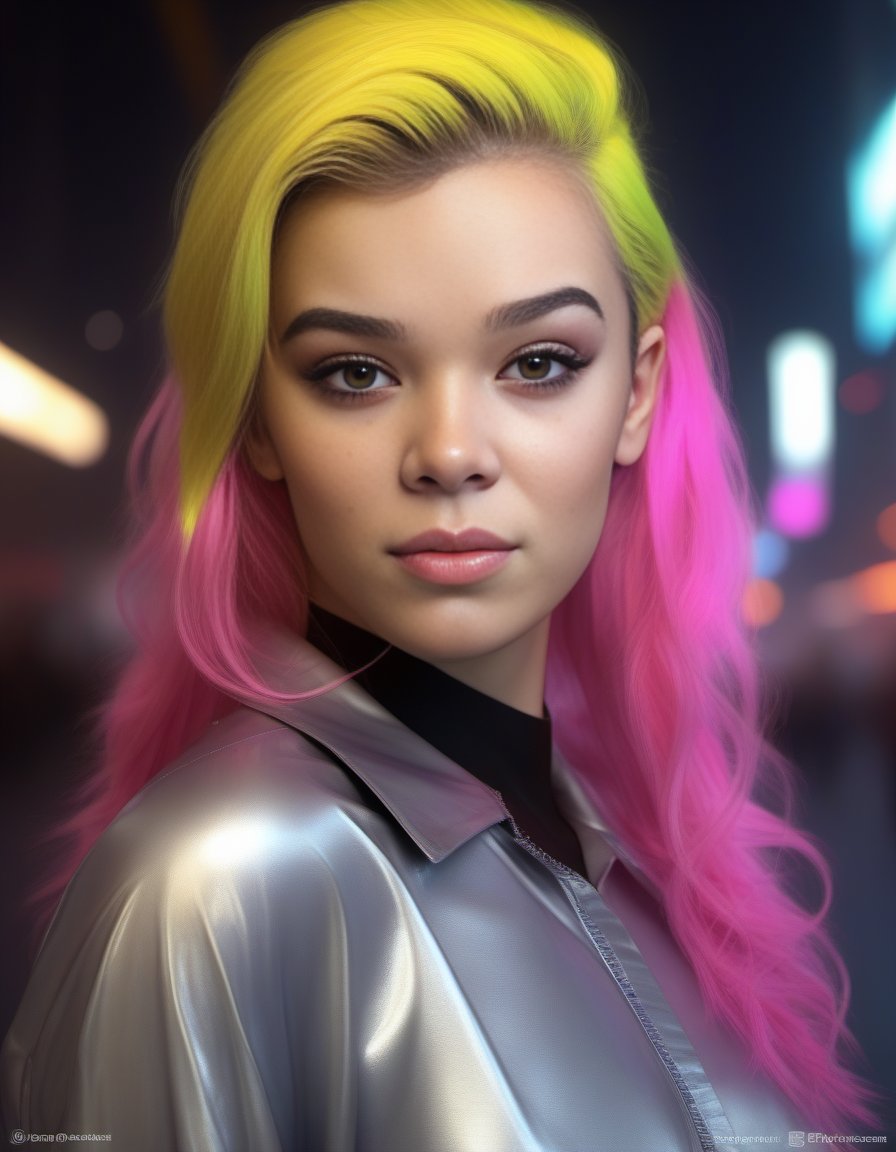 HaileeSteinfeld,<lora:HaileeSteinfeldSDXL:1>female, realistic photo, detailed face with pink hair in a ponytail; she has blonde shoulder length long straight hairstyle like the cat girl of manor and female body on her back standing next to me ; 8k resolution matte fantasy painting by Tom Bagshaw Artgerm Lau WLOP Rossdraws James Jean Marc Simonetti Ruan Jia trending artstation CGSociety rendered unreal engine 4d octane render 3D pixiv rtx volumetric lighting subsurface scattering shiny skin light iridescent glow neon yellow purple eyes floating noir dramatic shadows cyberpunk 2077 style "by Greg Rutkowski HDR hyper