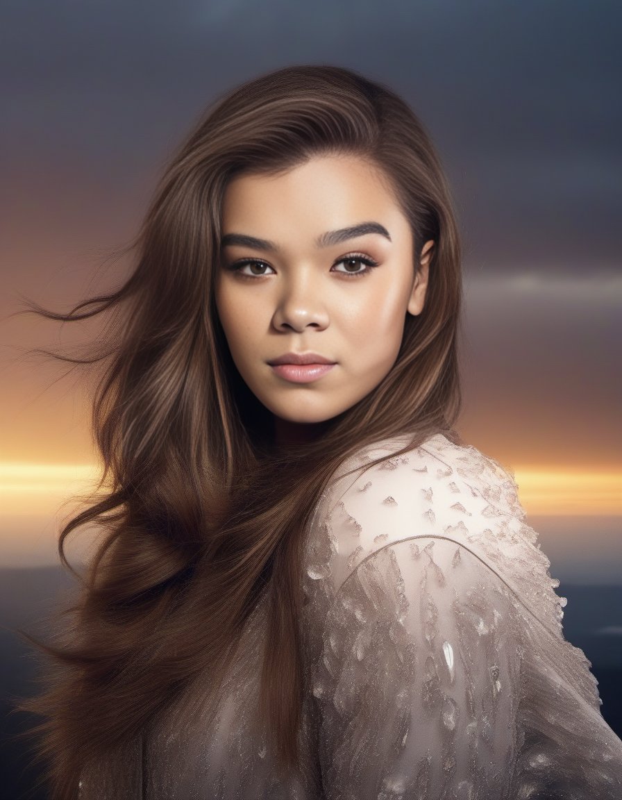 HaileeSteinfeld,<lora:HaileeSteinfeldSDXL:1>female, realistic photo, portrait face made out of puffy fluffy clouds with hair and ice powers in a windy storm at sunset by Annie Leibovitz + Stanely Detailed+stunning lighting trending on artstation!!4k!!!!!japanese flowerpunk 2077!photorealism!!! 8mm f2.8 lens photograph shot from the distance looking away into camera!!!!"by Nabbte Simpson!!!!!!!!🍸!, golden hourglass figurecient city landscape highly detailed futuristic cybernetic mountain background 4d octurry cinematic volumetric lightning dramatic natural sunlight beautiful sky full colour high resolution award winning photography national geographic photoshot