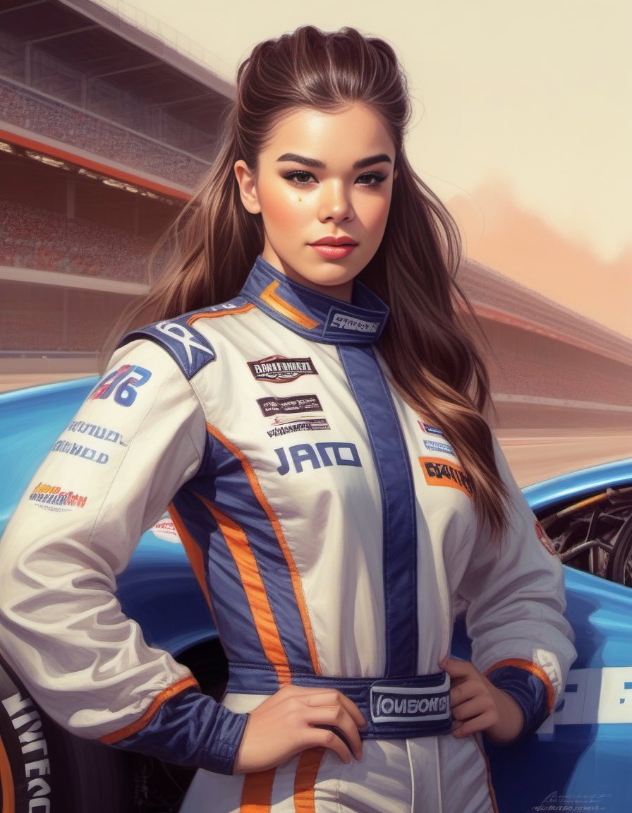 HaileeSteinfeld,<lora:HaileeSteinfeldSDXL:1> perfect anime illustration, 1girl, braided hair, medium hair, medium breasts, sidehair, racecar driver, ((firesuit, race track, car)), nascar, f1, indycar, (outdoors, speedway, track), standing next to a racing vehicle, hand on hip, good posture, looking at viewer. created by Artgerm, volumetric lighting, 8k, hdr, holga, 300mm lens f3. 5, aesthetic, unsharpened