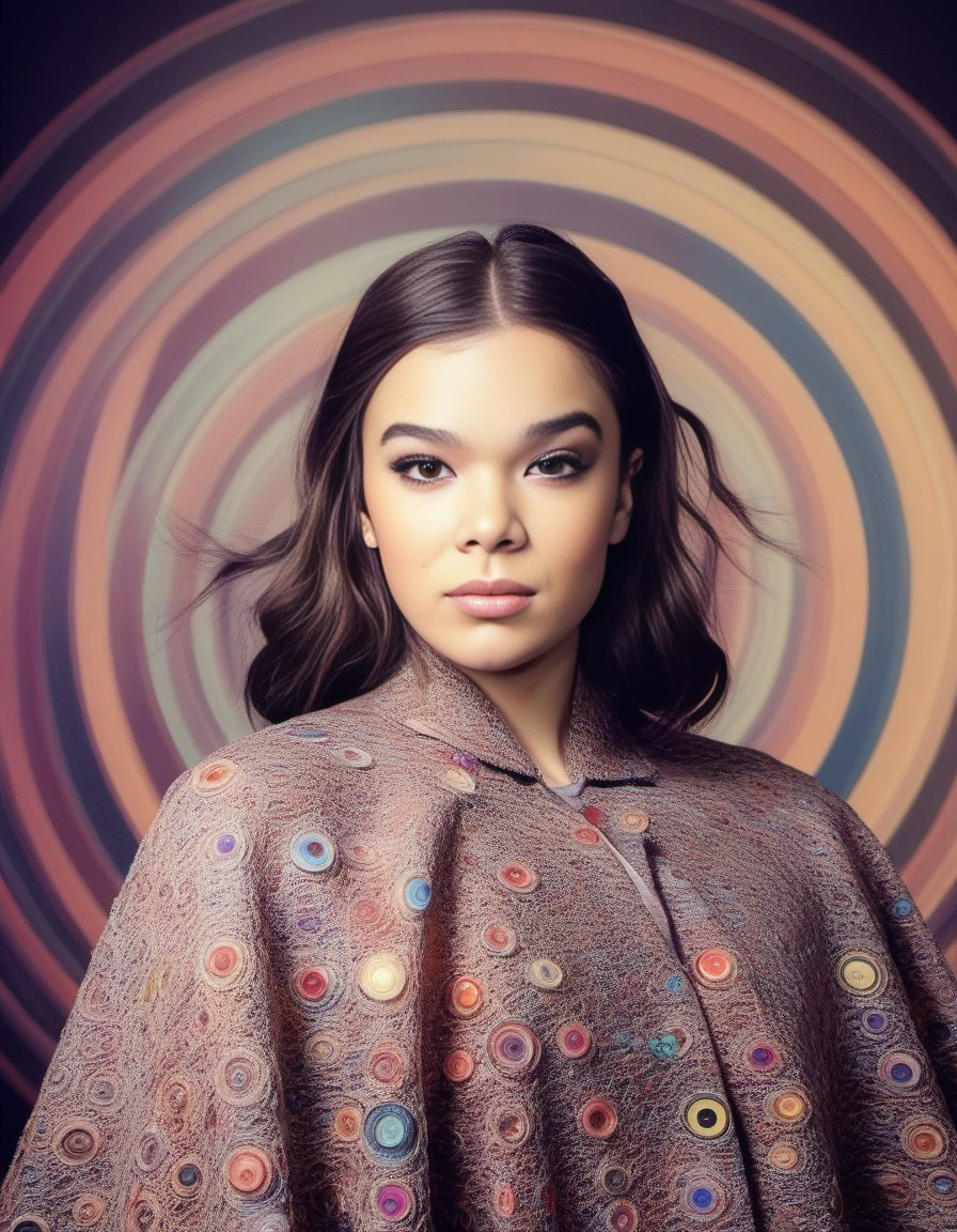 HaileeSteinfeld, art by Claude Melan, photograph, Stirring Rickety Woman, designed by Orcs 😛, wearing Cape in Circles patterns, JoJo pose, Hurricane, soft focus, Fearful, film grain, Nikon d3300, L USM, anaglyph effect, <lora:HaileeSteinfeldSDXL:1>