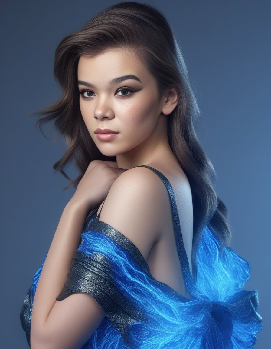 HaileeSteinfeld,<lora:HaileeSteinfeldSDXL:1>female, realistic photo, full body shot girl with a dress made of blue flames. Extremely high detail face and hair are freckles; 90Limist style drawing by Artgerm + Ilyvania Zouravliov&Ruan Jia-LOPbot+ The GTA V poster art n4d 8k octane render in Maya engine 5 & Octenciaga photorealistic cinematic wallpaper ultra hdr light effect very coherent symmetry volumetric lighting intricate masterpiece smooth gradients highly detailed elegant extremely ornate metal armor trending on cgsociety 4th element unrealengine redshift vray mayface vibrant colors hyper