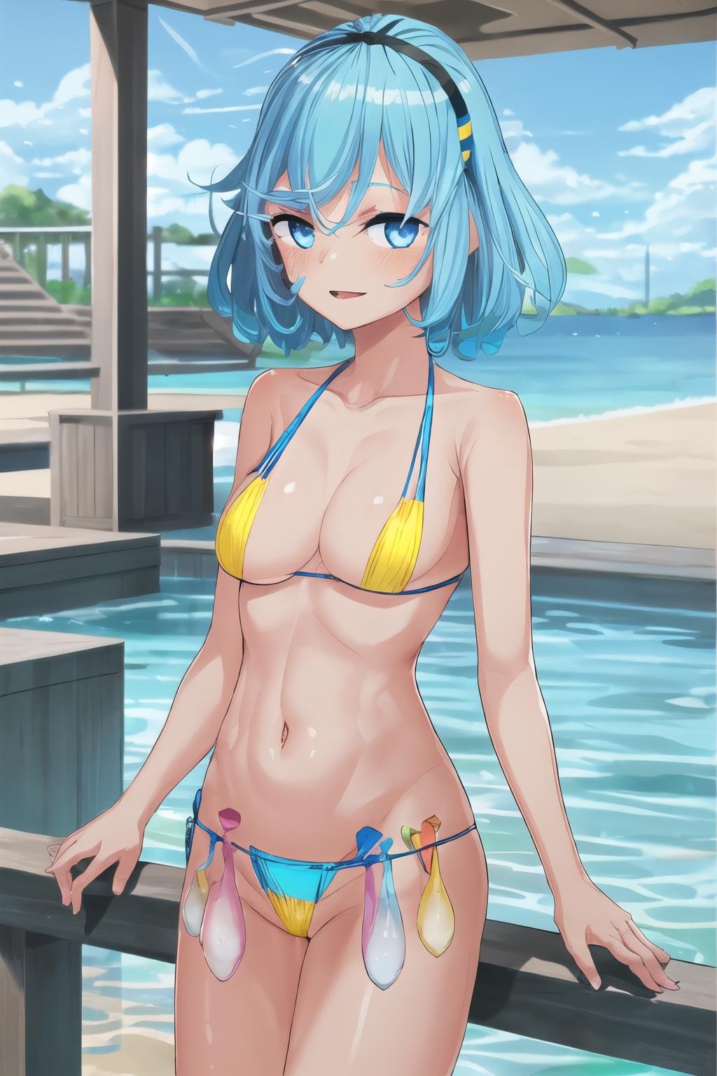 masterpiece, best quality, ultra-detailed,  condom belt, condom, used condom, belt, 1 girl, solo,   onabuta ikuko, blue hair, short hair, blue eyes, hairband, yellow bikini