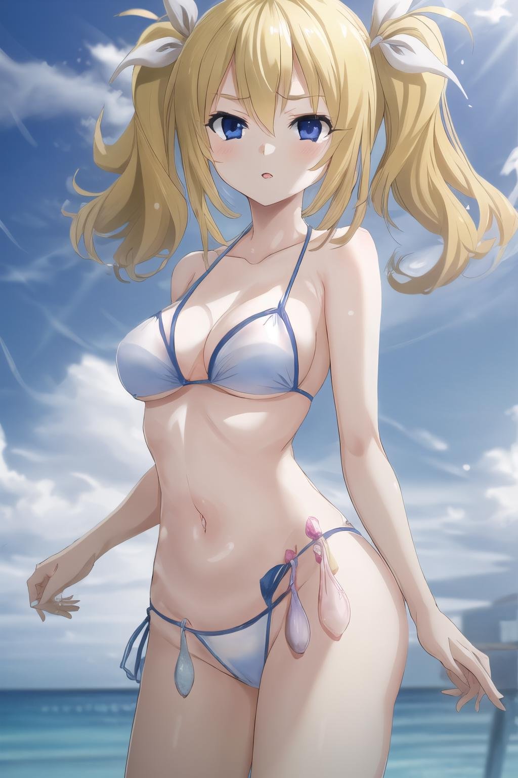 masterpiece, best quality, ultra-detailed,  condom belt, condom, used condom, belt, 1 girl, solo, Arimura, blonde hair, blue eyes,  hair ribbon, white ribbon, bikini