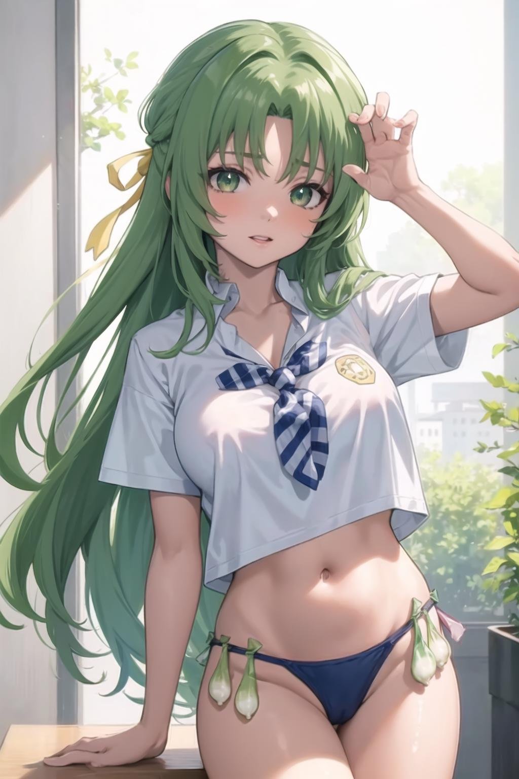 masterpiece, best quality, 1girl, condom belt, Sonozaki Shion, green hair, green eyes, long hair, yellow ribbon, white shirt, blue necktie, 