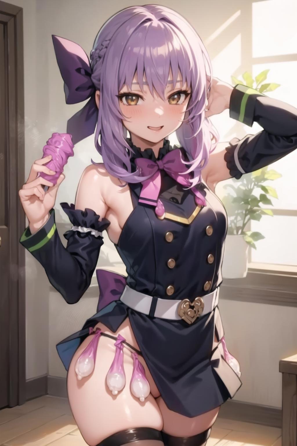 masterpiece, best quality, 1girl, condom belt, Shinoa Hiiragi, purple hair, braided hair, purple ribbon