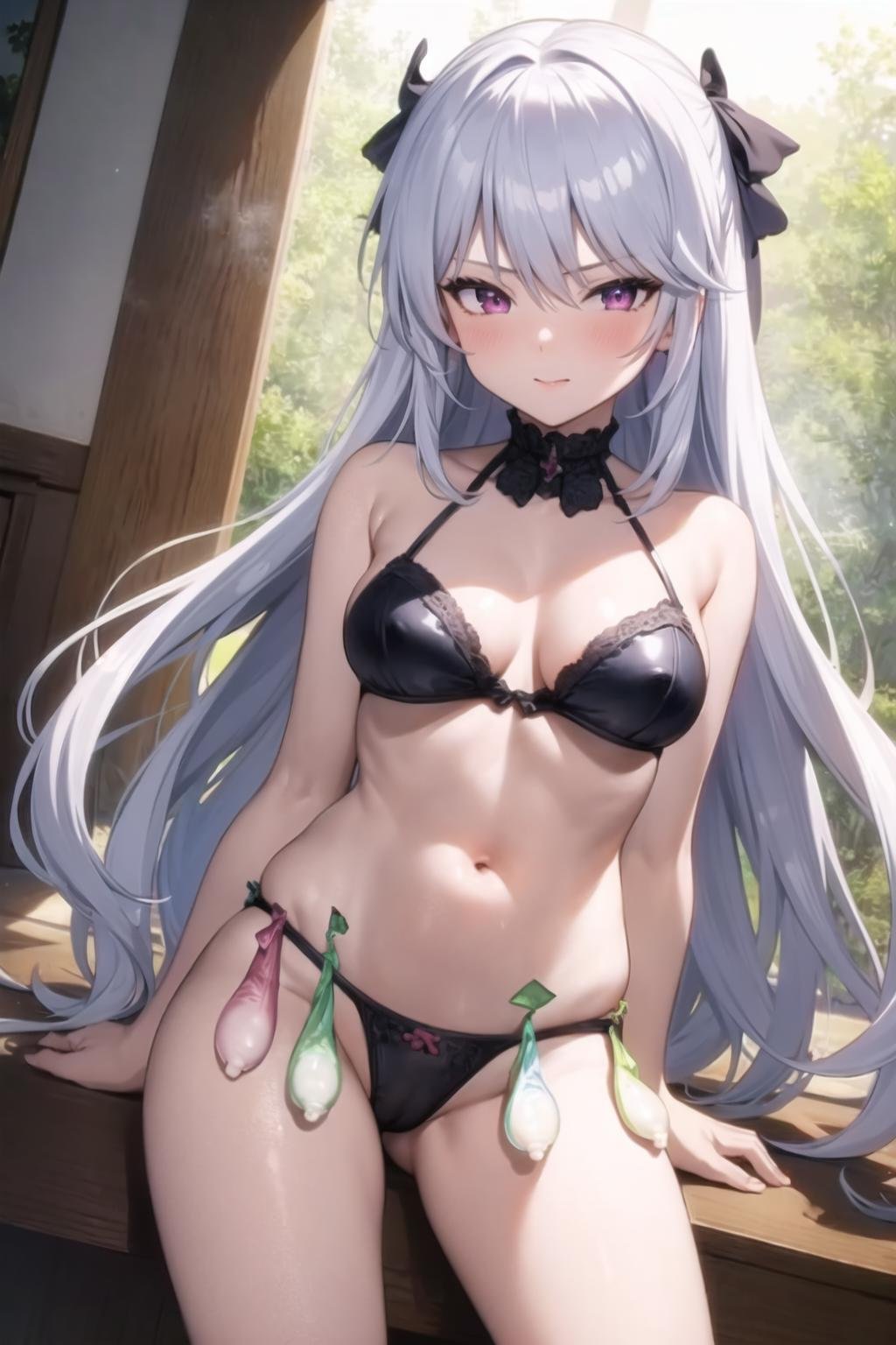 masterpiece, best quality, 1girl, condom belt, kazami kazuki, silver hair, long hair, purple eyes, 