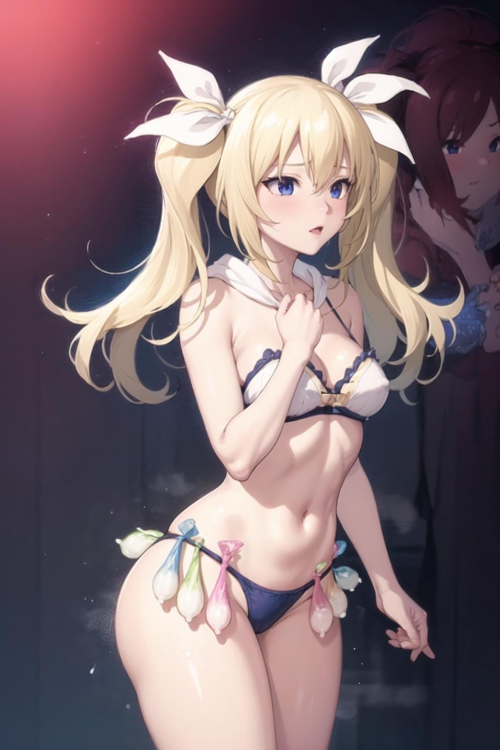 masterpiece, best quality, 1girl, condom belt, Arimura, blonde hair, blue eyes, twintails,  hair ribbon, white ribbon, 