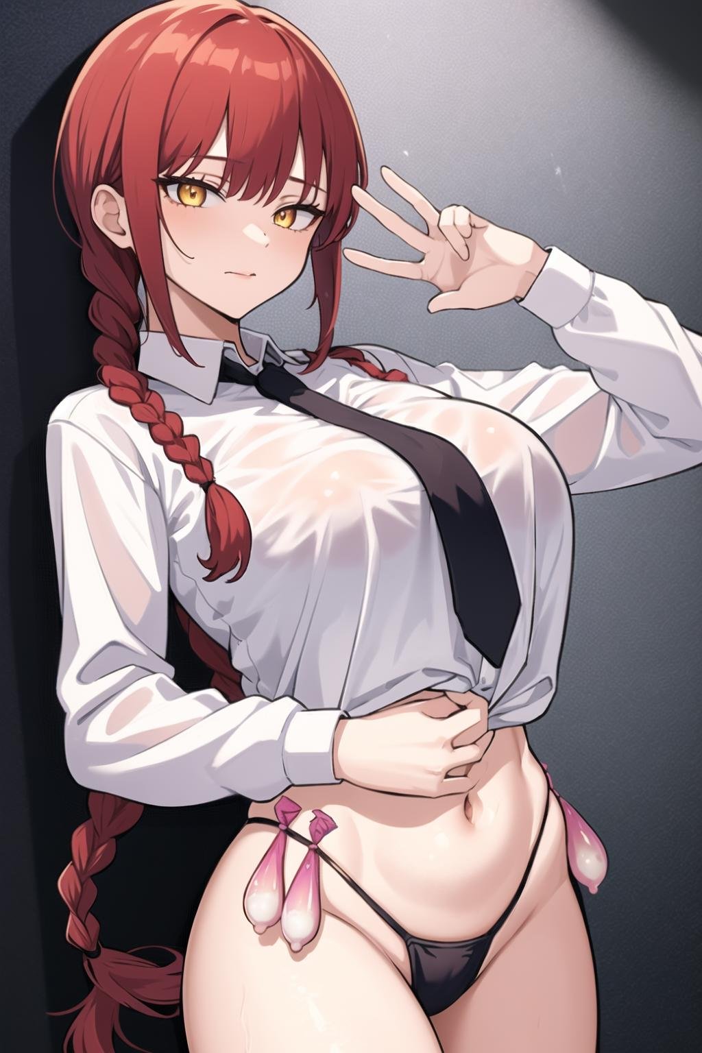 masterpiece, best quality, 1girl, condom belt, makima \(chainsaw man\), red hair, long braided hair, golden eyes, bangs, medium breasts, white shirt, necktie,