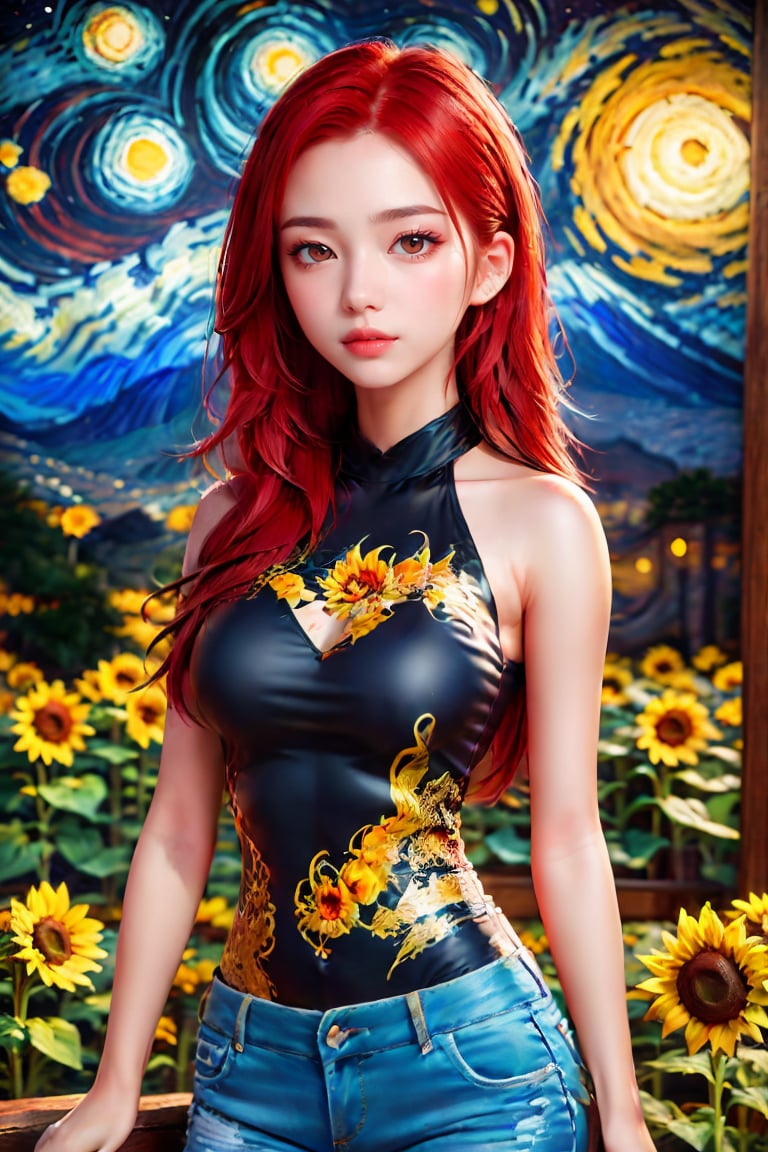 Beautiful woman, red hair, sunflower field, amber eyes, 8k, best quality, (van gogh, starry night background), detailed hair, detailed eyes,Illustration, artwork,Sugar babe ,Wonder of Art and Beauty