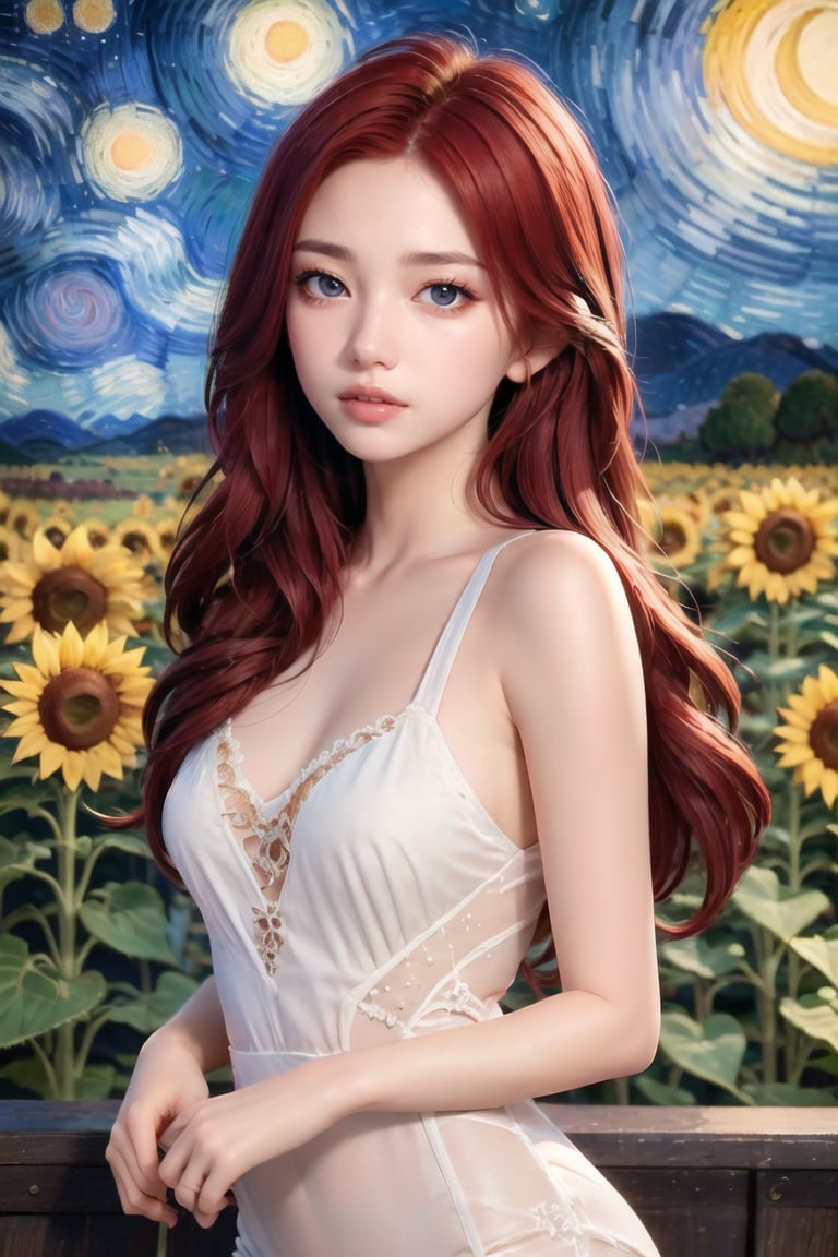 Beautiful woman, red hair, sunflower field, amber eyes, 8k, best quality, (van gogh, starry night background), detailed hair, detailed eyes,Illustration, artwork,Sugar babe ,Wonder of Art and Beauty