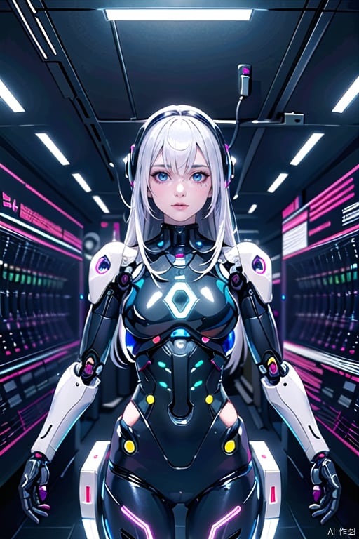 a pvc cute female robot, green eye, sleek and futuristic design, transparent plastic, internal cybernetic circuitry, top model, looking at viewer, fashion show photography, internal colorful led lights, ultra realistic, 8k, volumetric light, extremely detailed, intricate, symetrical, 